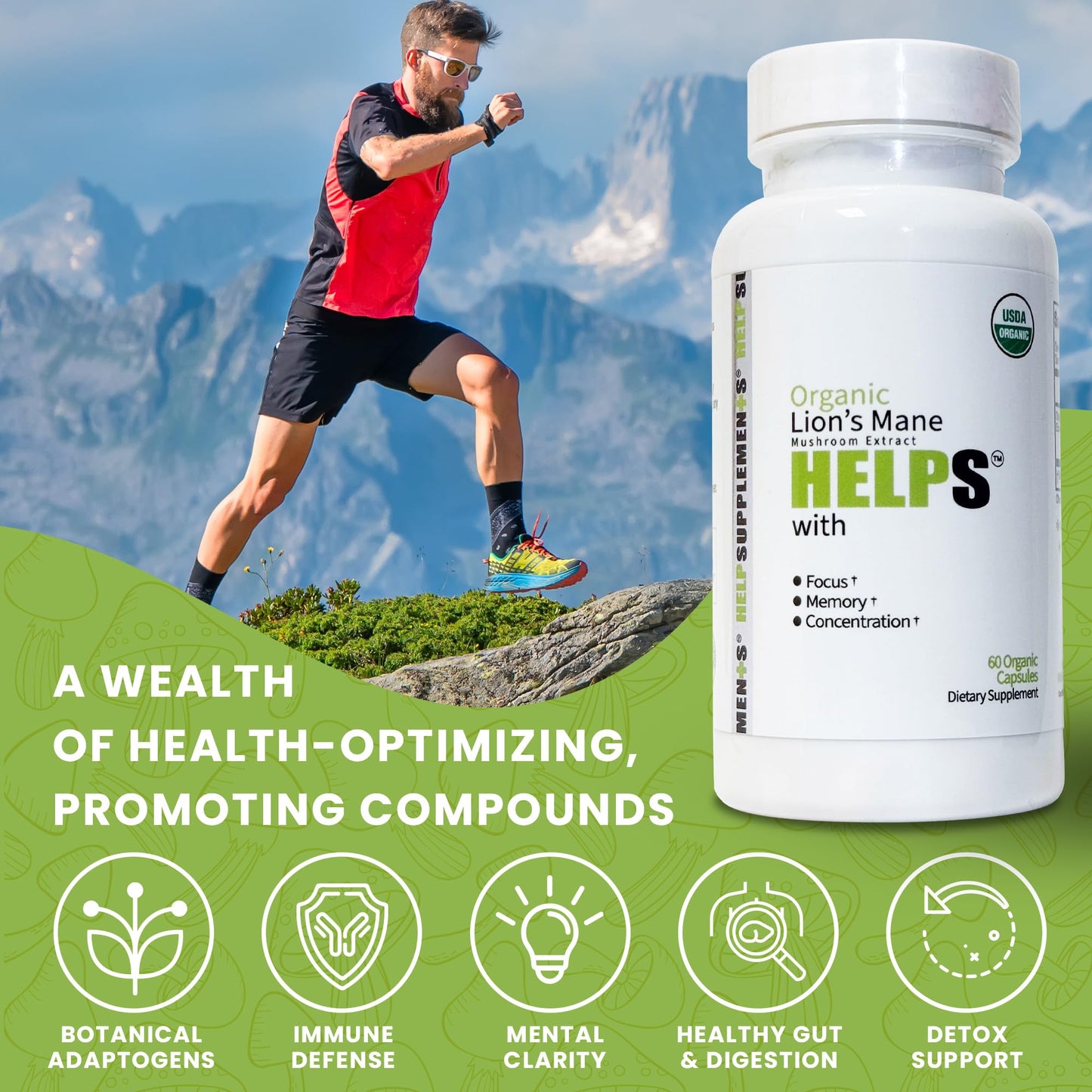 Help Supplements Organic Lion's Mane Mushroom Capsules, 1000mg Lion's Mane Powder Extract, 60 Capsules
