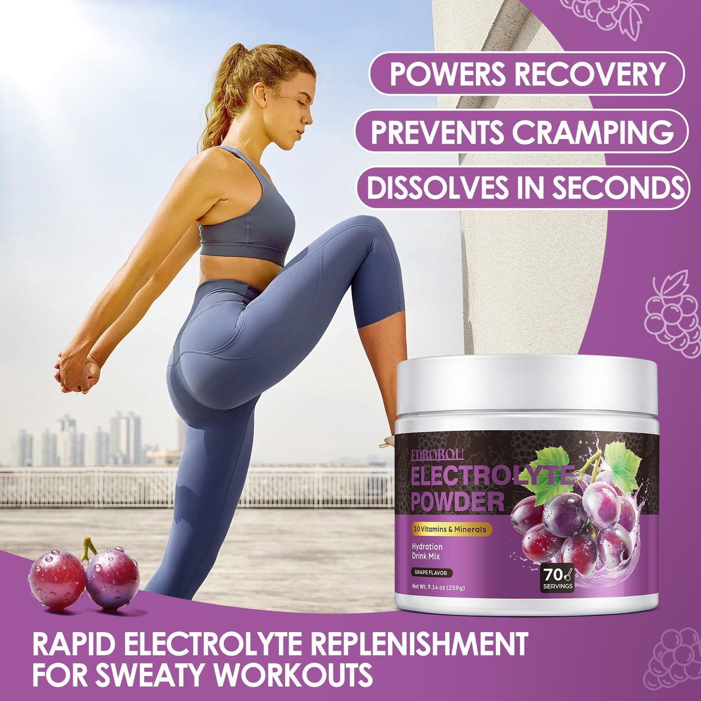 EDBOBOU Sugar Free Electrolyte Powder, Grape Flavor, 9.14 oz