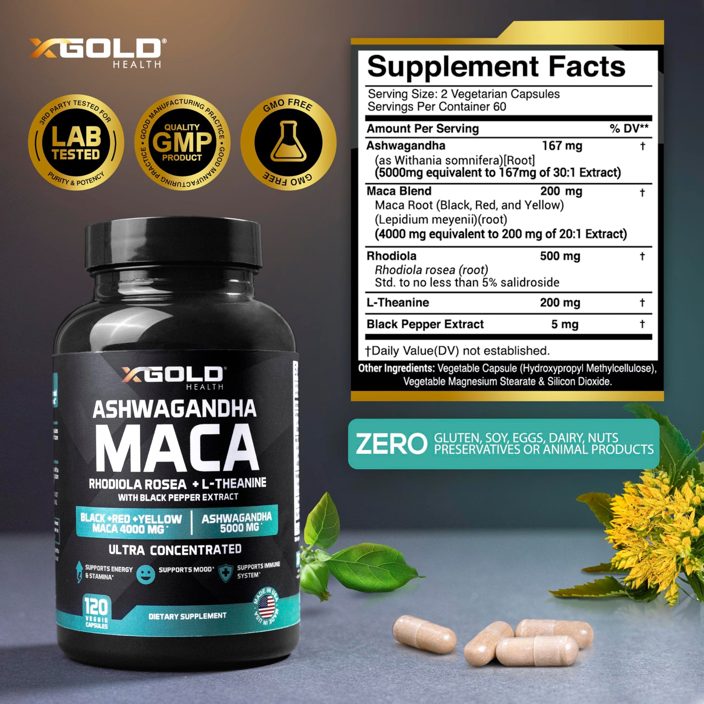 X Gold Health Ashwagandha & Maca Root Capsules with Rhodiola & L-Theanine (30:1 Ashwagandha Extract; 20:1 Maca Root Extract), 120 Capsules