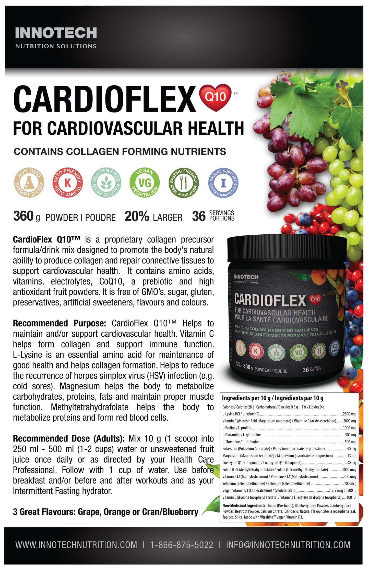 Innotech Nutrition Solutions CardioFlex Q10 Heart Health & Energy Support CoQ10 Amino Acids & Electrolytes Cranberry Blueberry Powder 12.7 oz