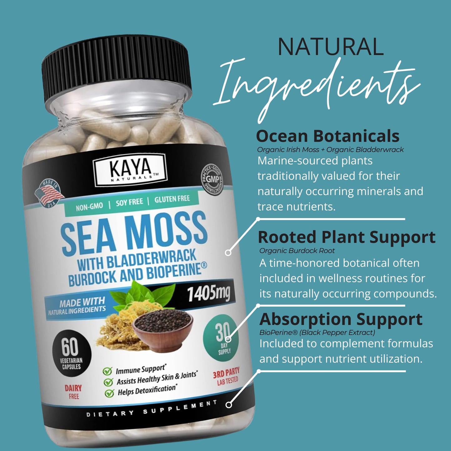 Kaya Naturals Sea Moss Mobility Supplement with Burdock Root, Irish Moss, Bladderwrack, and BioPerine - for Mobility Health and Immune Boost, 60 Capsules