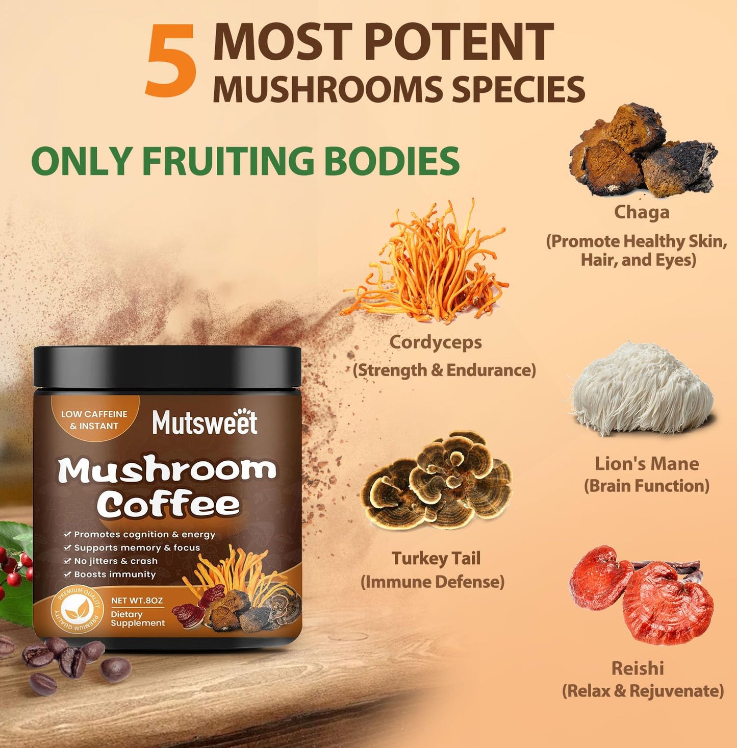 Mutsweet Mushroom Coffee Powder, 8 oz