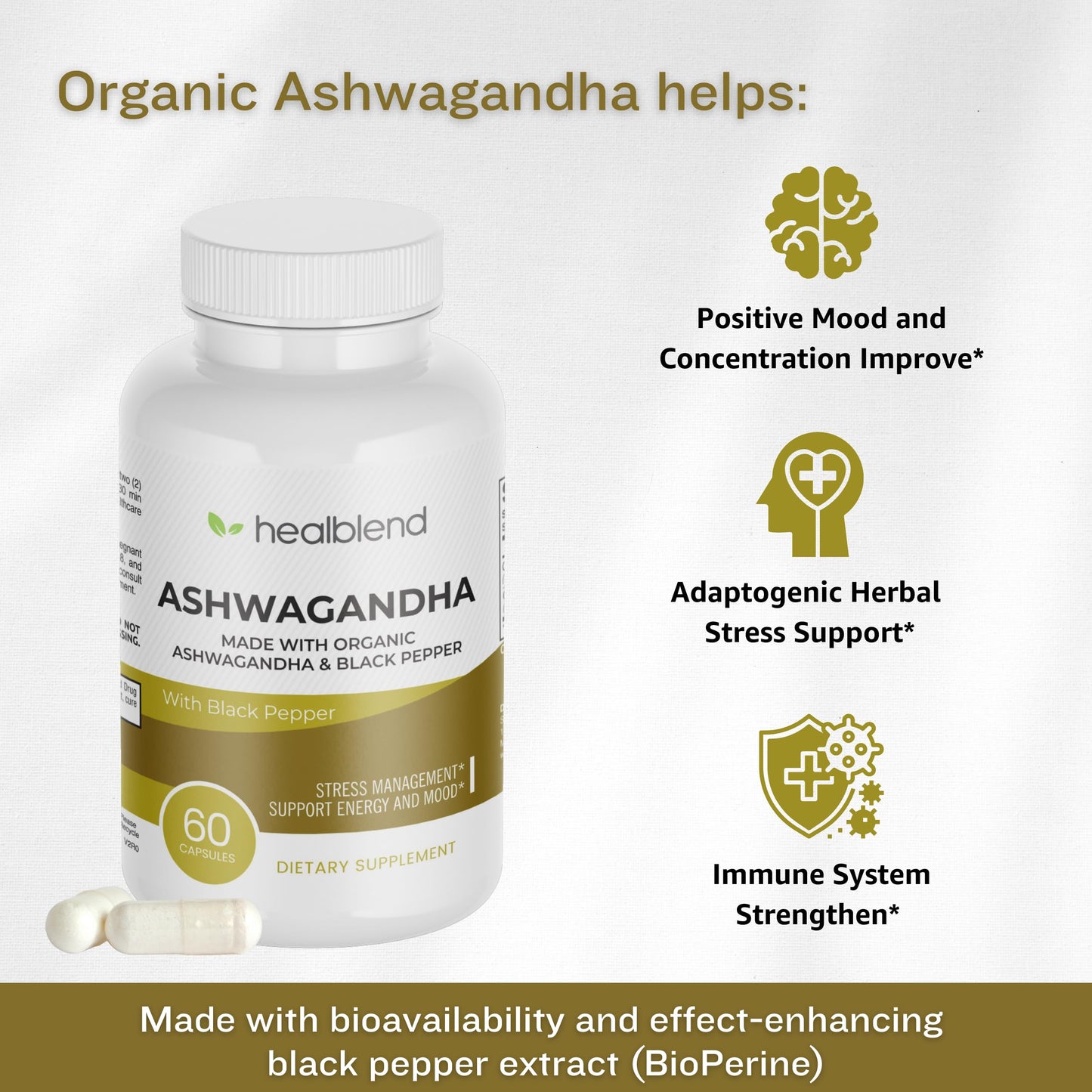 healblend Organic Ashwagandha 1300mg with Black Pepper Extract Capsules, 60 Count