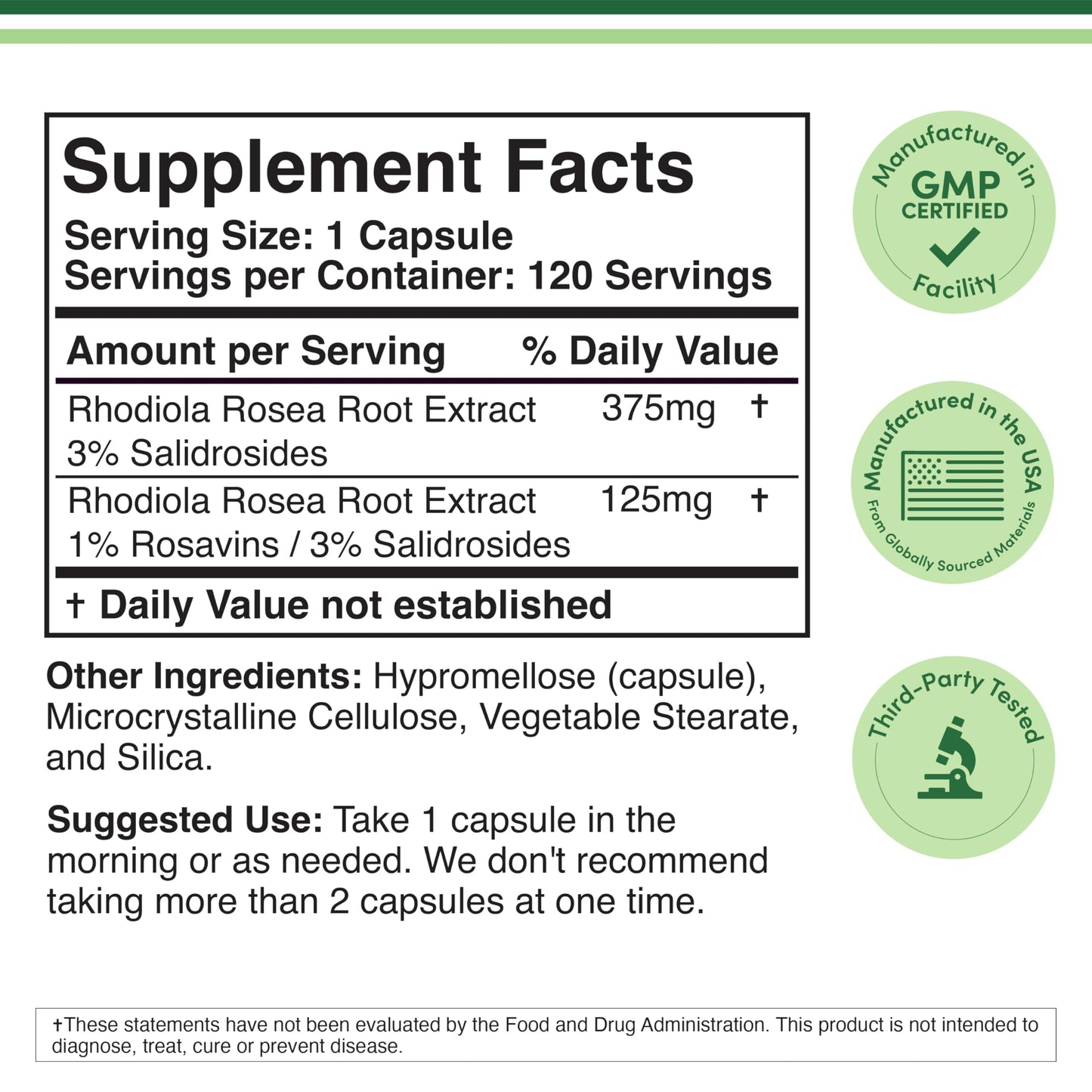 Double Wood Supplements Rhodiola Rosea Supplement 500mg Capsules 120 Count