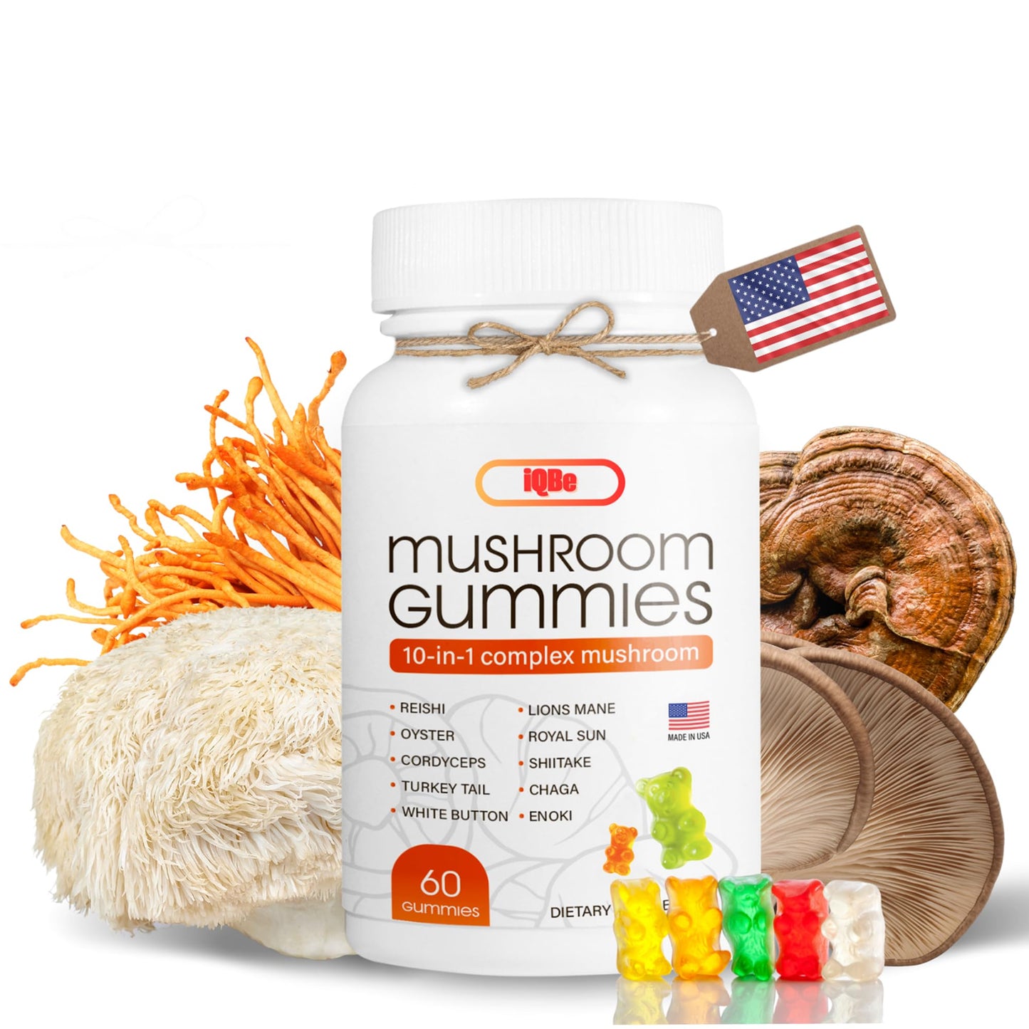 iQBe Mushroom Gummies 10-in-1 Complex with Lion’s Mane, Chaga, Reishi, Cordyceps & More 120 Gummies