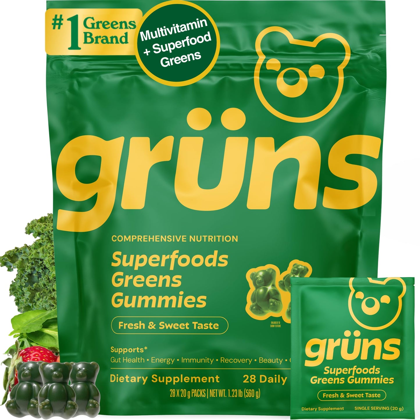 Grüns Adult Greens Gummies & Daily Multivitamin, Prebiotic Fiber Gummy 28