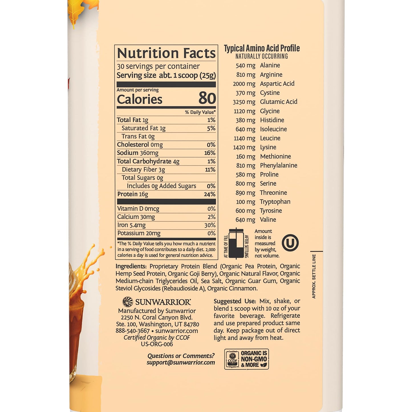 Sunwarrior Vegan Protein Powder Plant-Based Hemp Seed Pumpkin Spice Flavor, 30 Servings