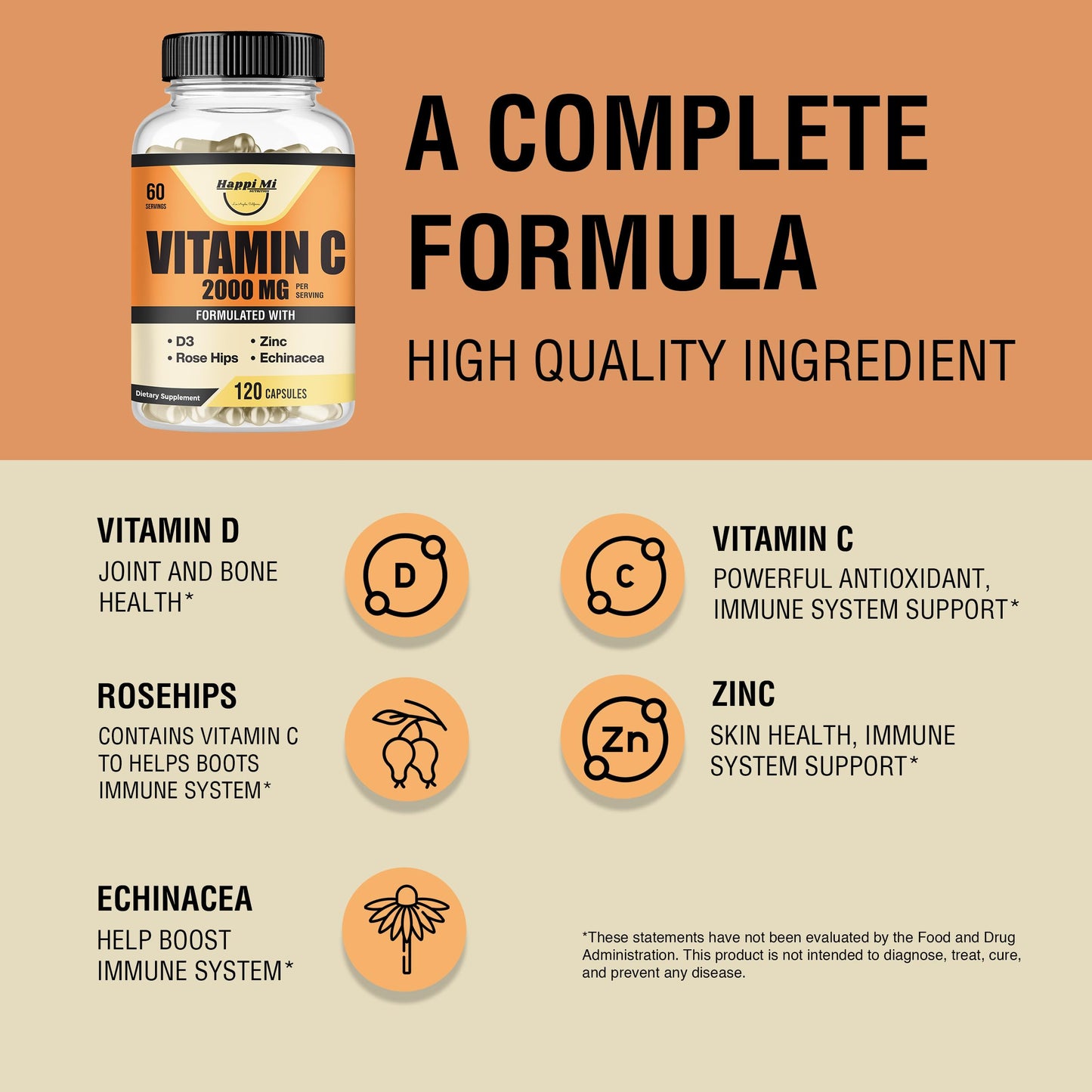Happi Mi Nutrition Vitamin C 2000mg with Zinc 40mg & Vitamin D3 5000 IU – Echinacea Extract & Rose Hip, 120 Vegan Capsules