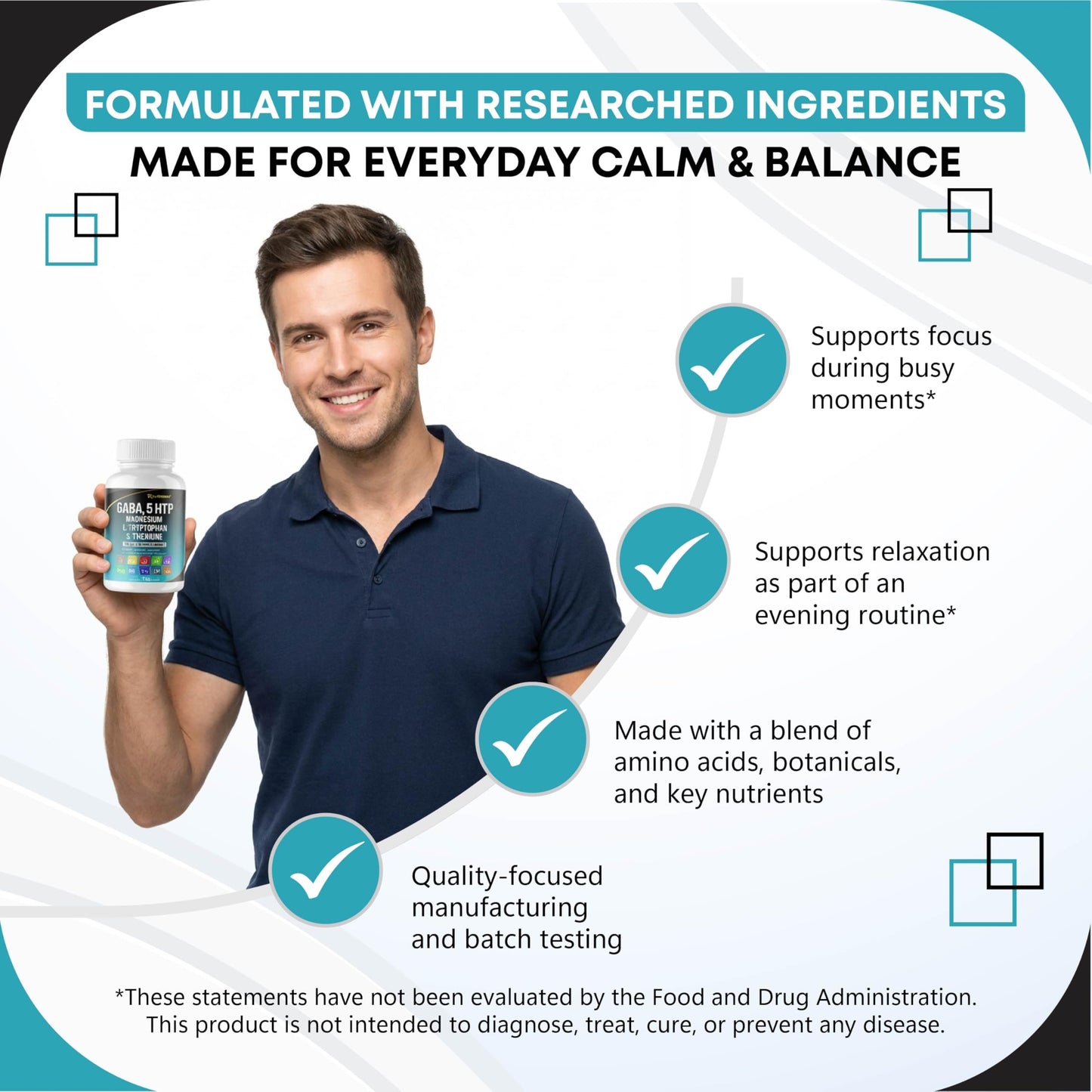 GUDOMET GABA 5-HTP L-Tryptophan L-Theanine Vitamin D3 Vitamin B6 Holy Basil Valerian Chamomile Ginkgo Biloba Ginger Capsules 150