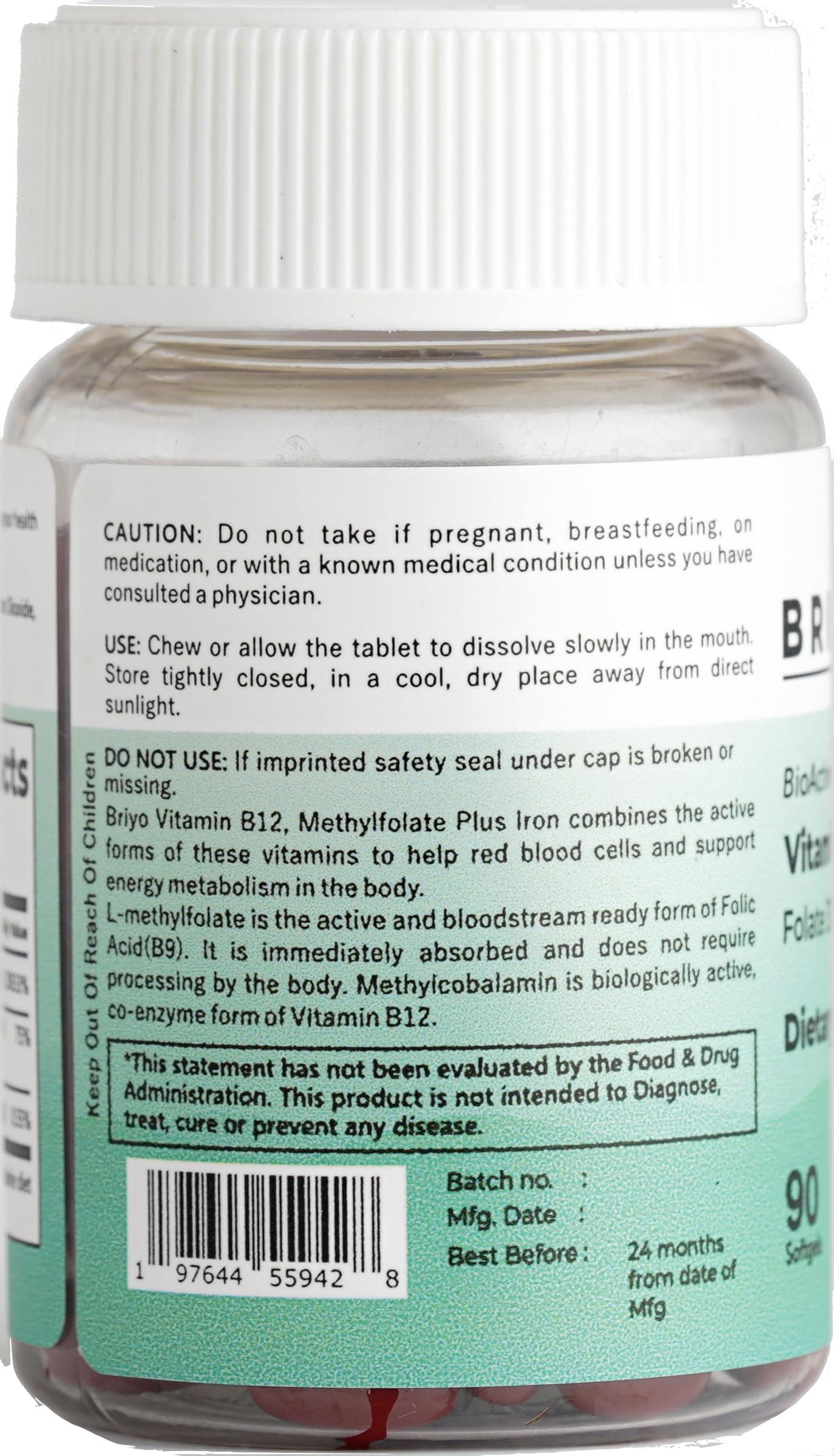 Briyo Vitamin B12 500 mcg (methylcobalamin) with Folate (methylfolate) Softgels 90 Count
