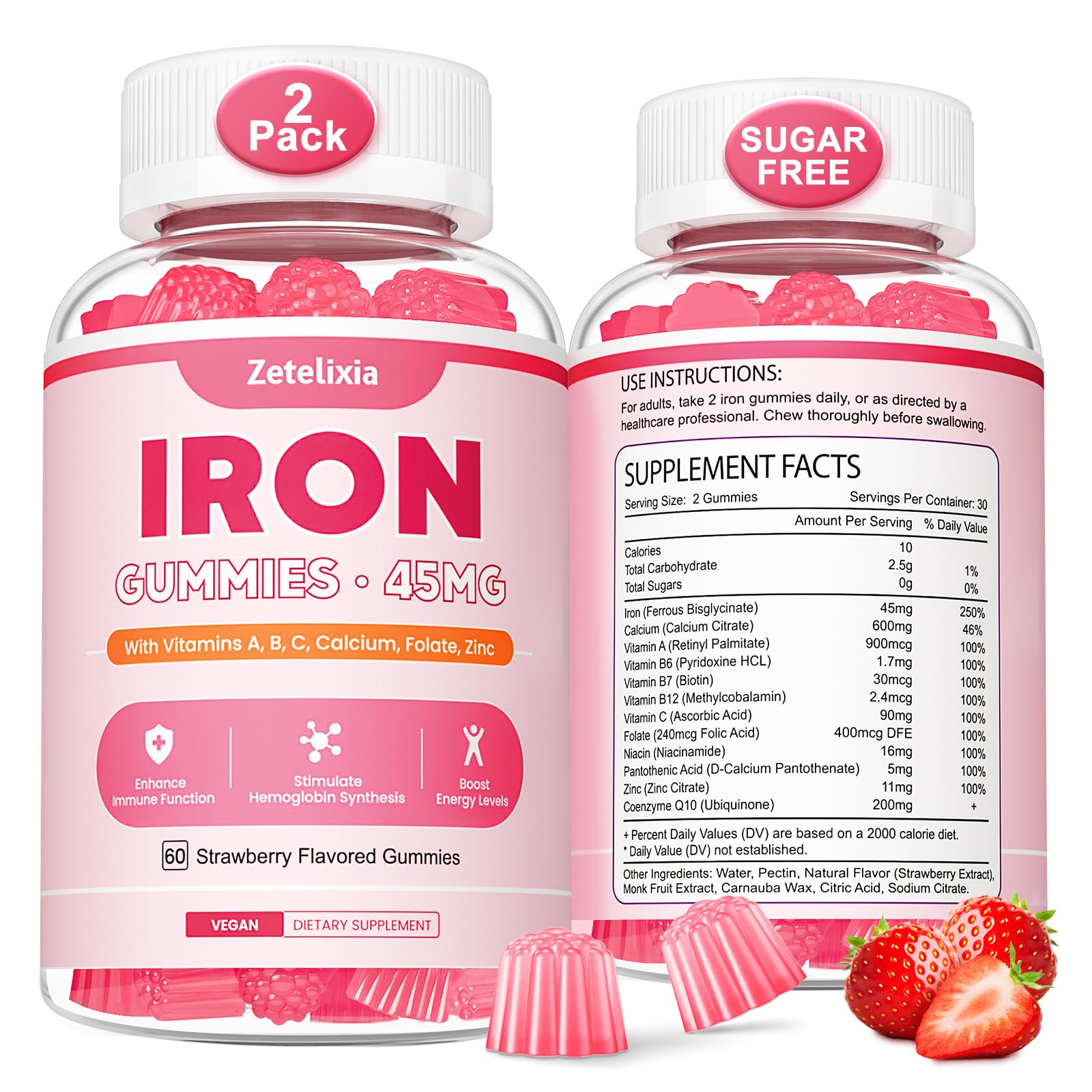 Zetelixia Vegan Iron Supplement Gummies, 120 Count