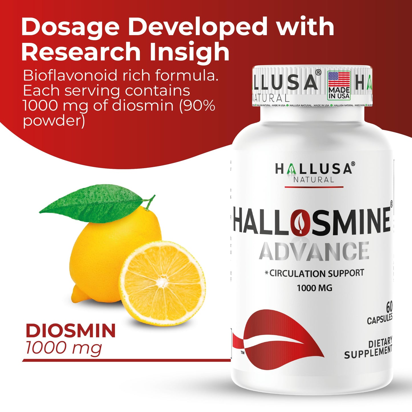 Hallusa Natural Hallosmine Advance 1000mg Diosmin Capsules 60 Count