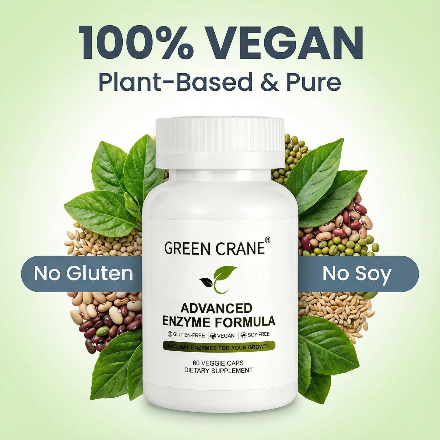 Green Crane Advanced Enzyme Formula Plant-Sourced Digestive Support Complex Gentle Gluten-Free Vegan Capsules, 60 Capsules