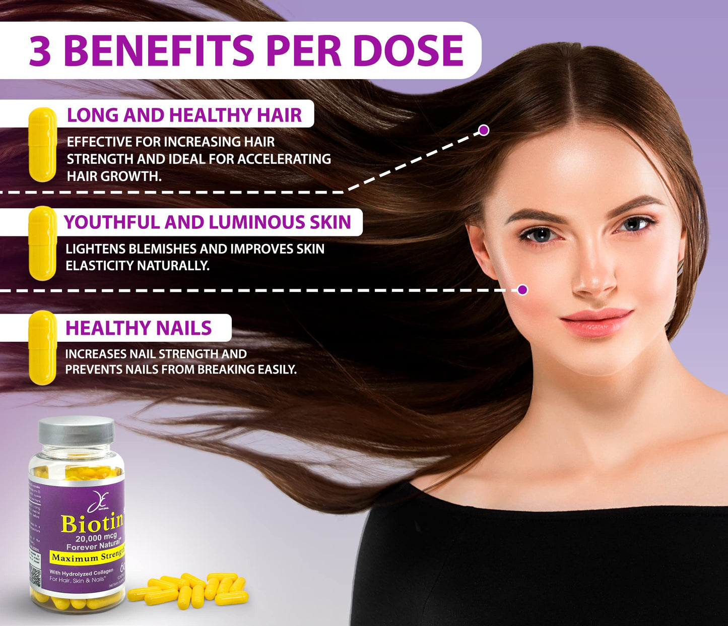 JE Natural Biotin Hair Skin and Nails Vitamins with Vitamin C and Collagen Capsules 60 Count