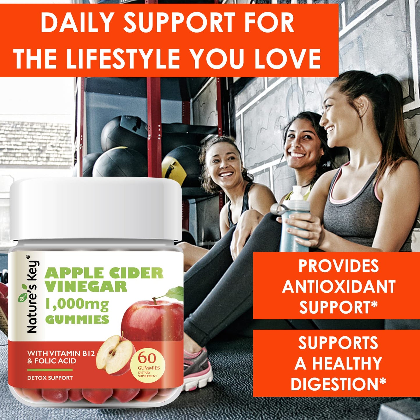 Nature's Key Apple Cider Vinegar Gummies 1000mg Gummy, 60 Count