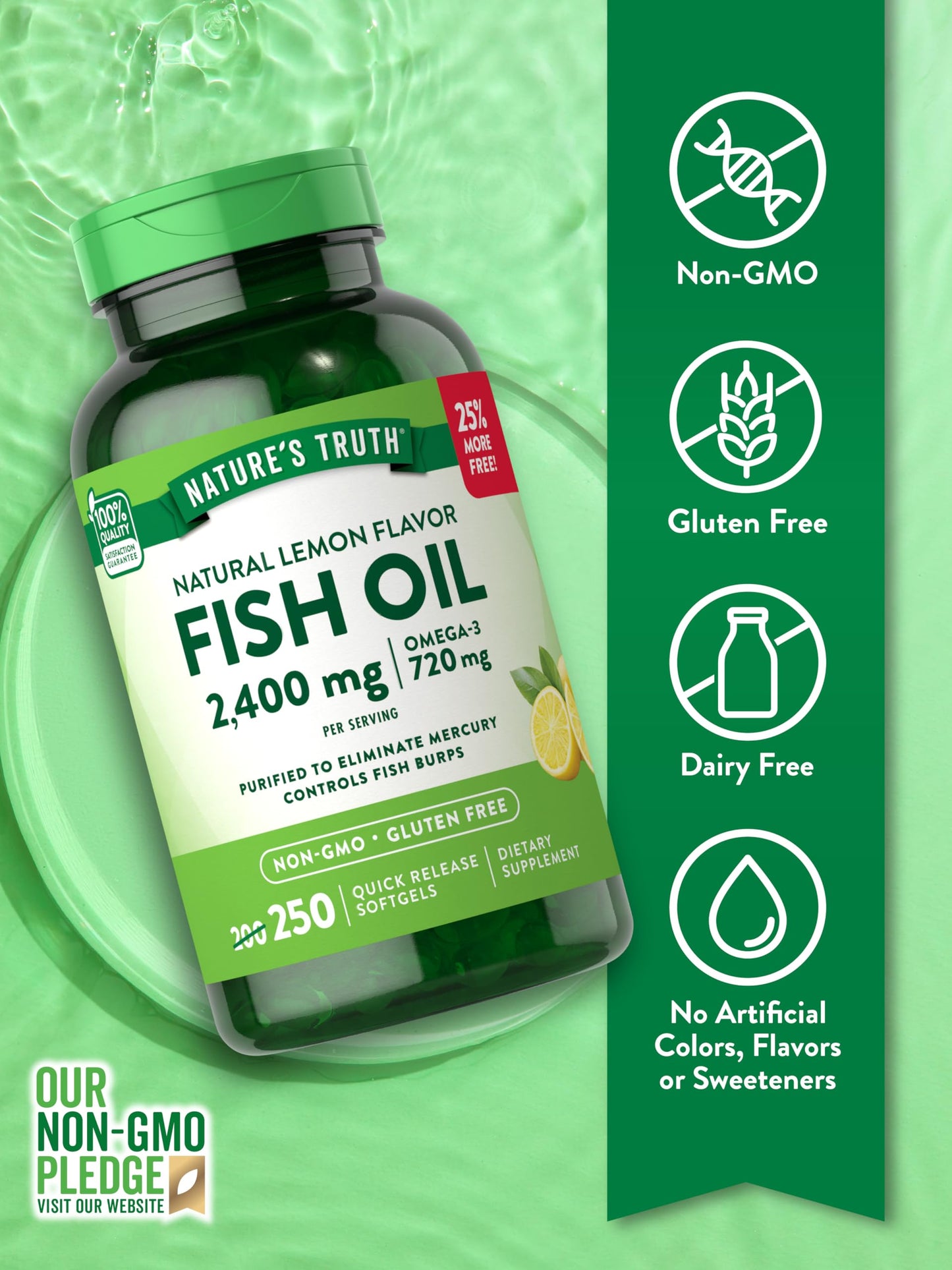 Nature's Truth Burpless Fish Oil 2400mg Softgels, 250 Count