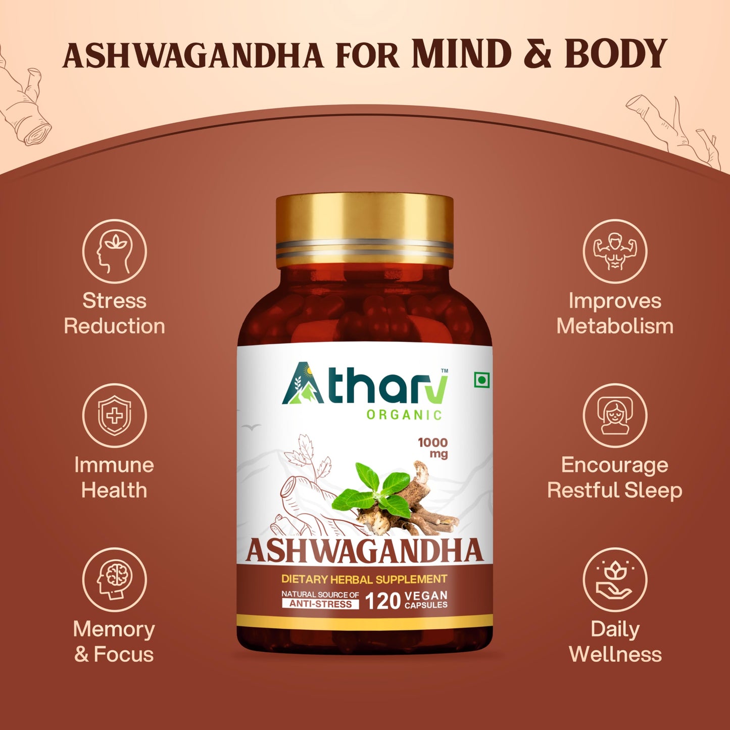ATHARV ORGANIC Ashwagandha Supplement 1000 mg Veggie Capsules, 120 Capsules