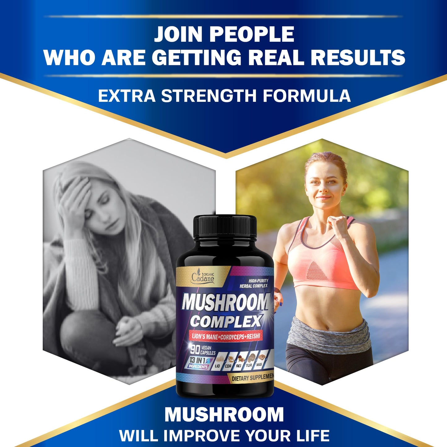Organic Cadane Mushroom Complex Supplements Capsule, 13-in-1, 90 Vegan Capsules