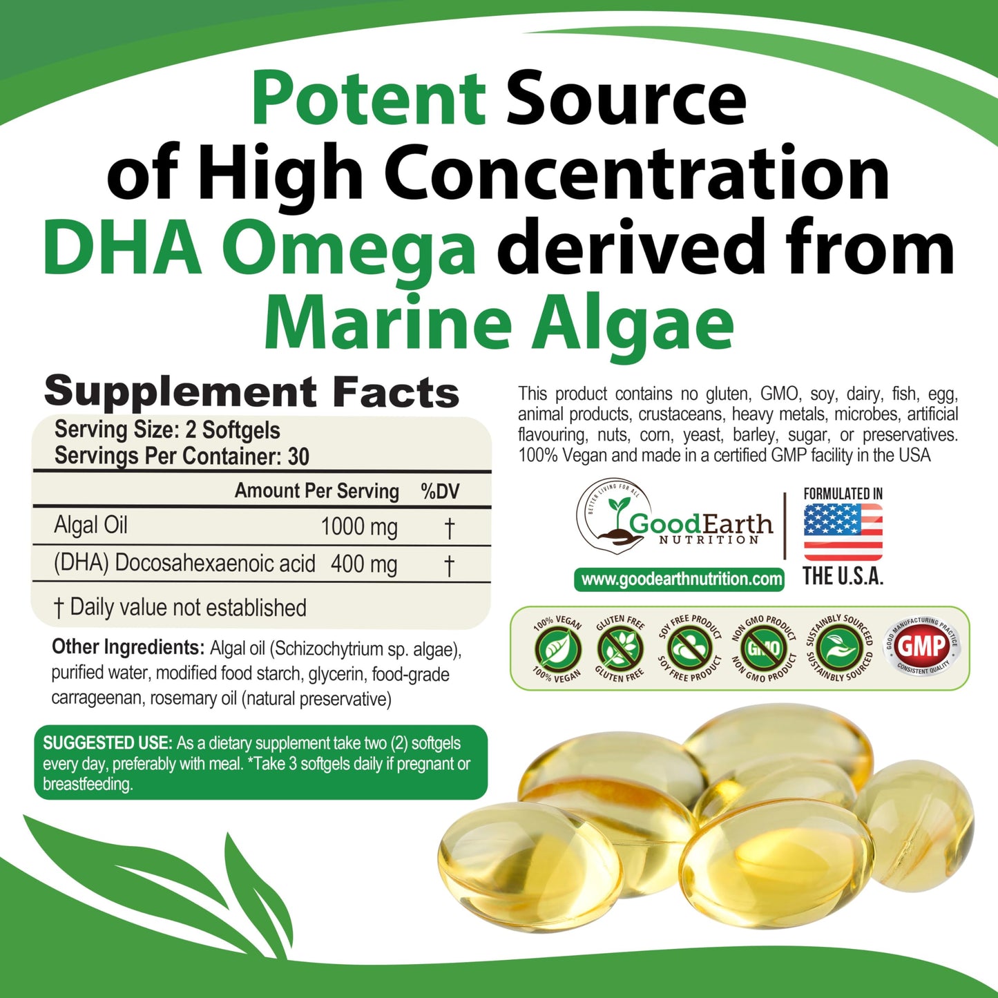 GoodEarth Nutrition Algal Oil - Vegan DHA Omega-3 Fish Oil Supplements Softgel 60