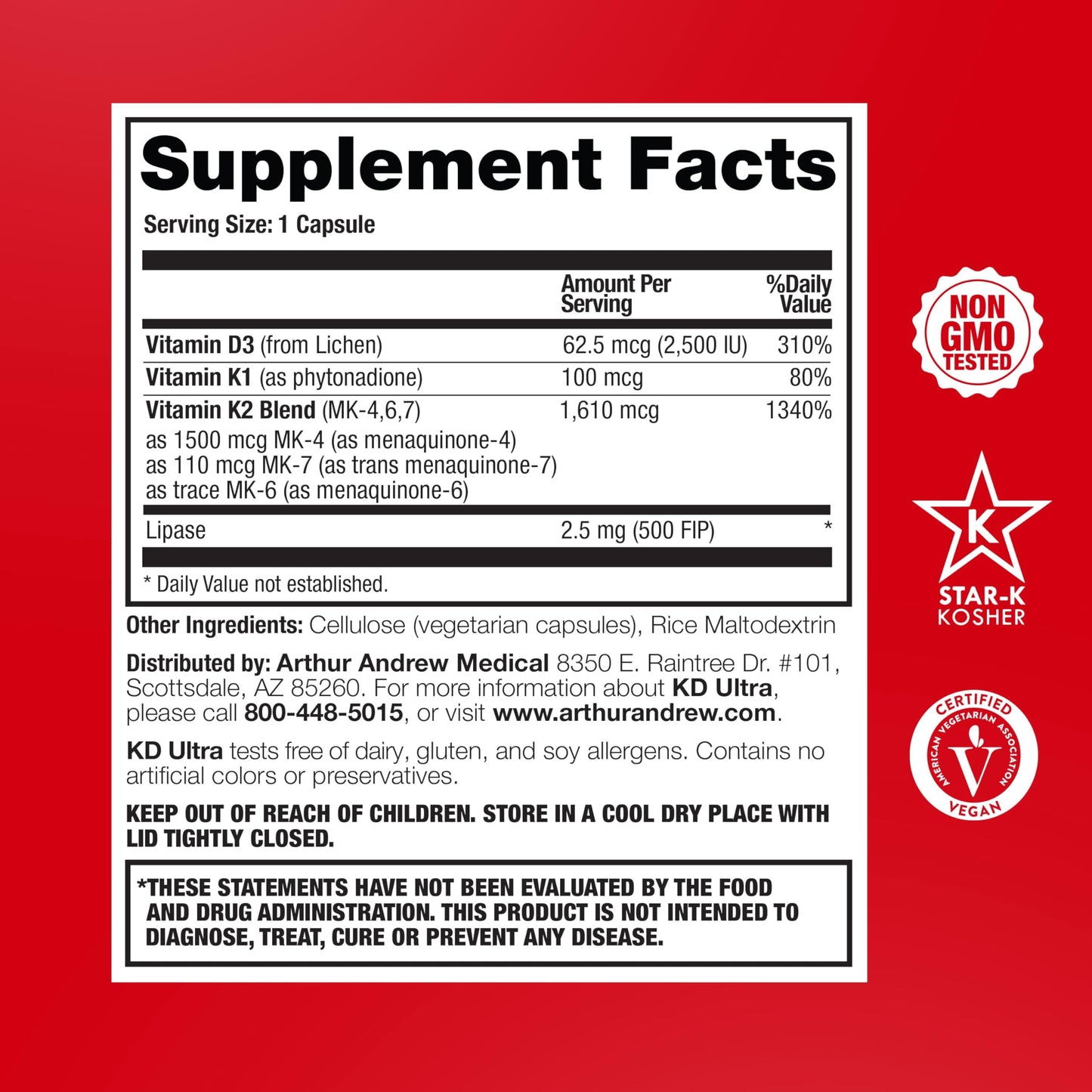 Arthur Andrew Medical KD Ultra, Full Spectrum K2 & D3 Capsules, 90