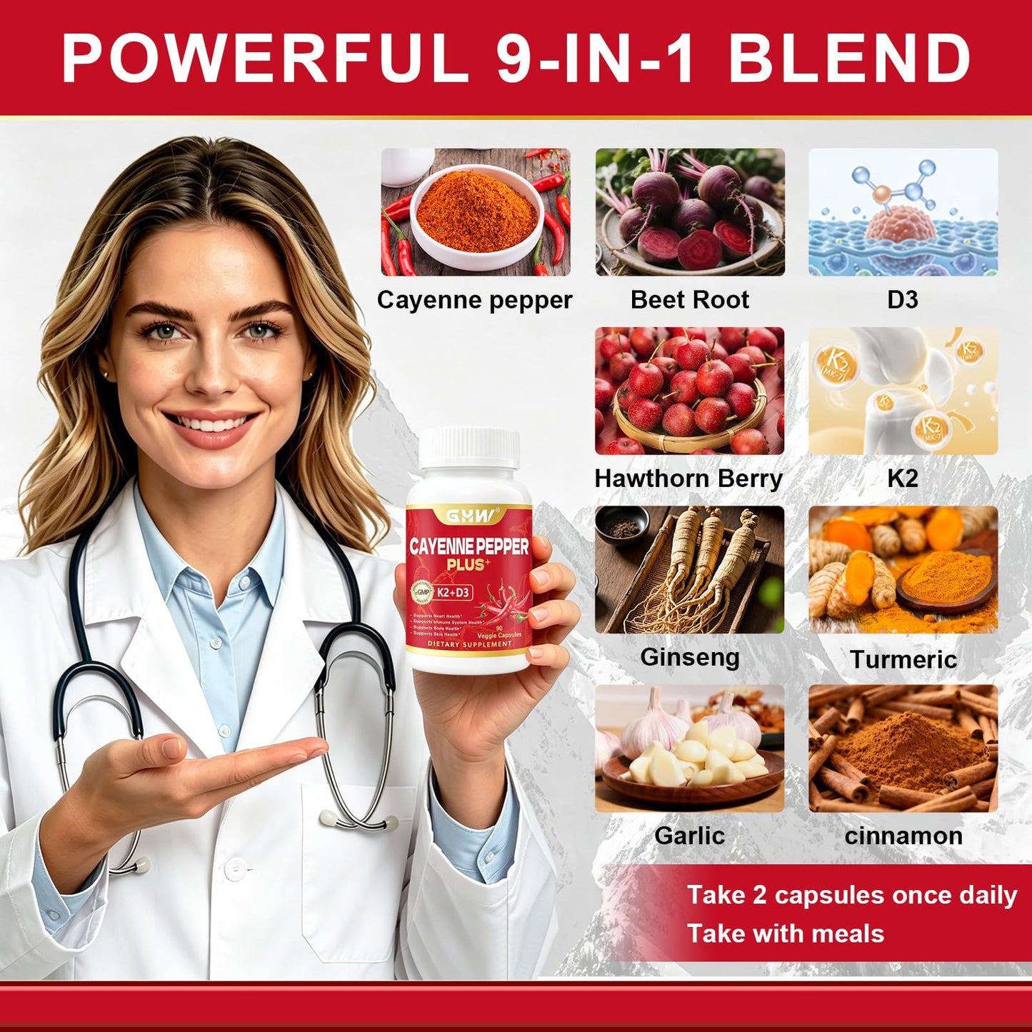 GHW Cayenne Pepper Capsules with Vitamin D3 & K2, 90 Capsules