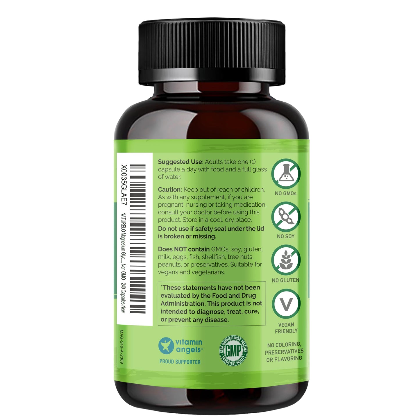 NATURELO Magnesium Glycinate Chelate Complex 200 mg Magnesium Capsules, 240 Count