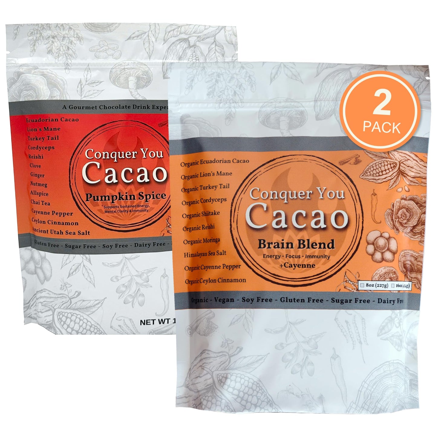 Conquer You Cacao Pumpkin Spice & Cayenne Organic Mushroom Supplement Powder with Lion’s Mane, Cordyceps, Reishi, Moringa & Turkey Tail – Adaptogenic Herbal Blend for Focus & Immunity, 16 oz Pack of 2