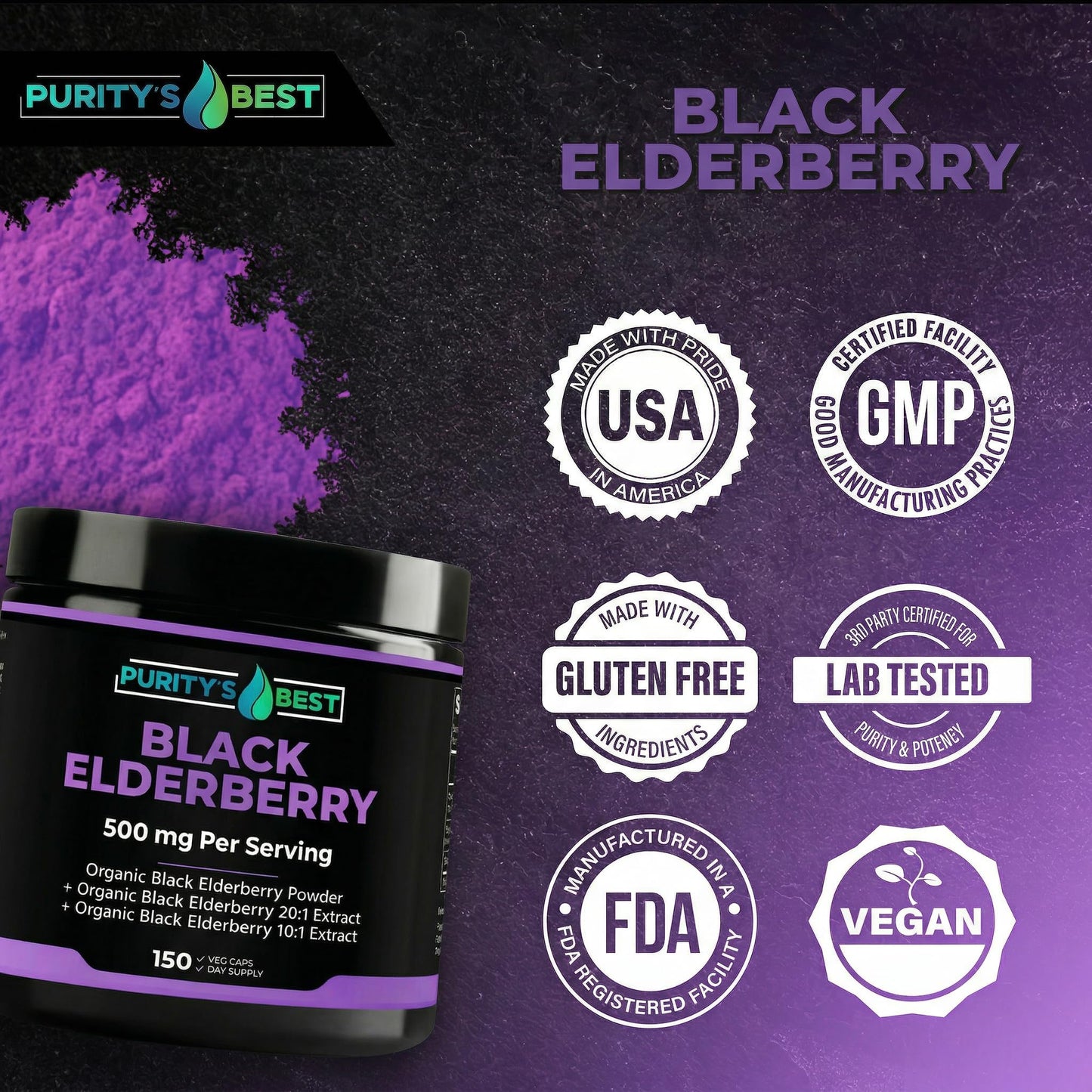 Purity`s Best Black Elderberry Extract Complex 150 Capsules