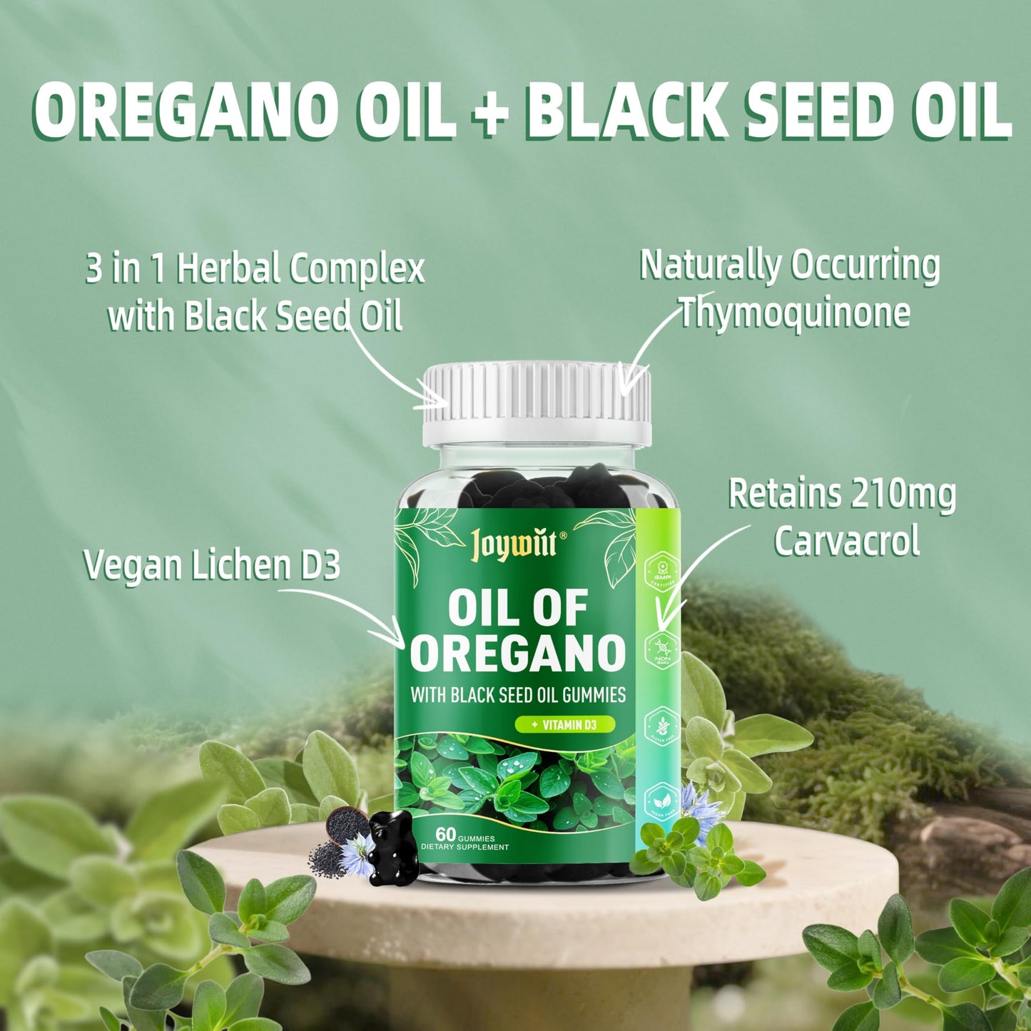 Joywiit Oregano Oil Gummies with Black Seed Oil + Vitamin D3 1000IU, Vegan, Non-GMO, 60 Gummies