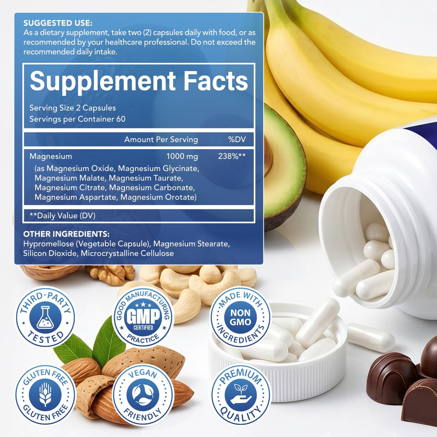 Bivinke Magnesium Complex 8 Elemental 1000mg, Chelated for Better Absorption, Vegan Capsules, 120 Count