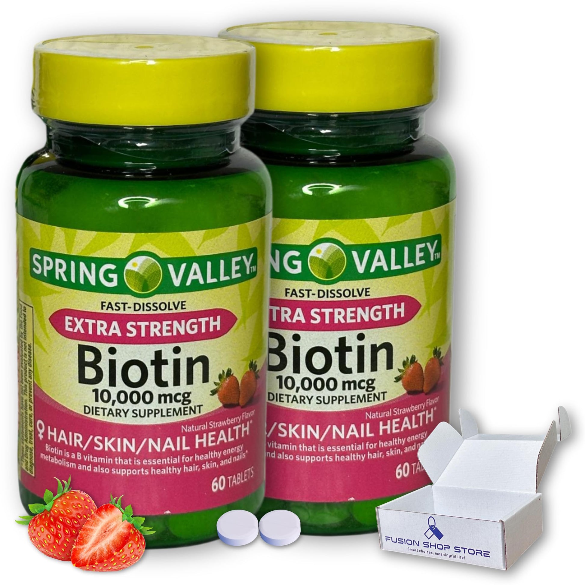 FUSION SHOP STORE Biotin 10000mcg Fast Dissolve Natural Strawberry Flavor, Hair Skin and Nails, 60 Tablets