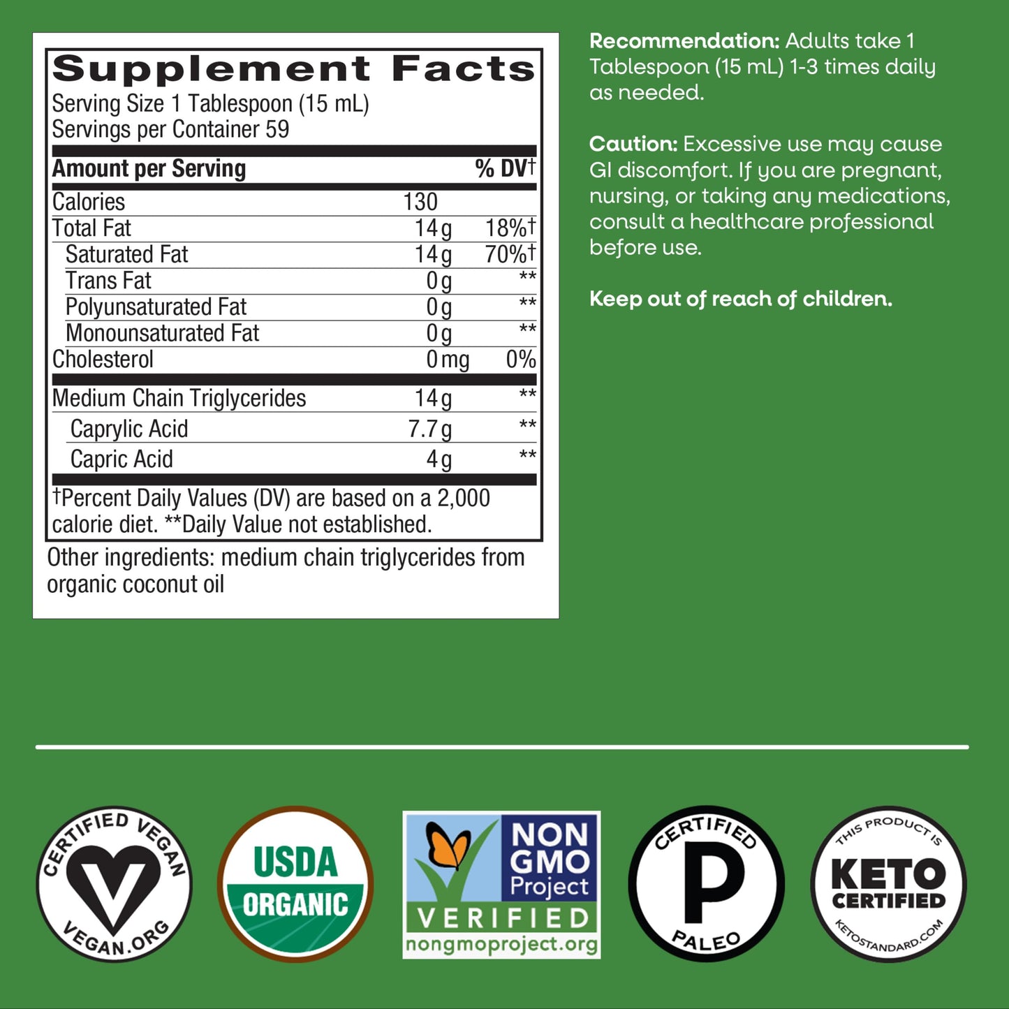 Nature’s Way Organic MCT Oil, Brain and Body Fuel*, Liquid Coconut MCT Oil with C8 Caprylic & C10 Capric Acids, 14 g Medium Chain Triglycerides per Serving, Keto & Paleo Certified, Non-GMO, 30 Fl Oz