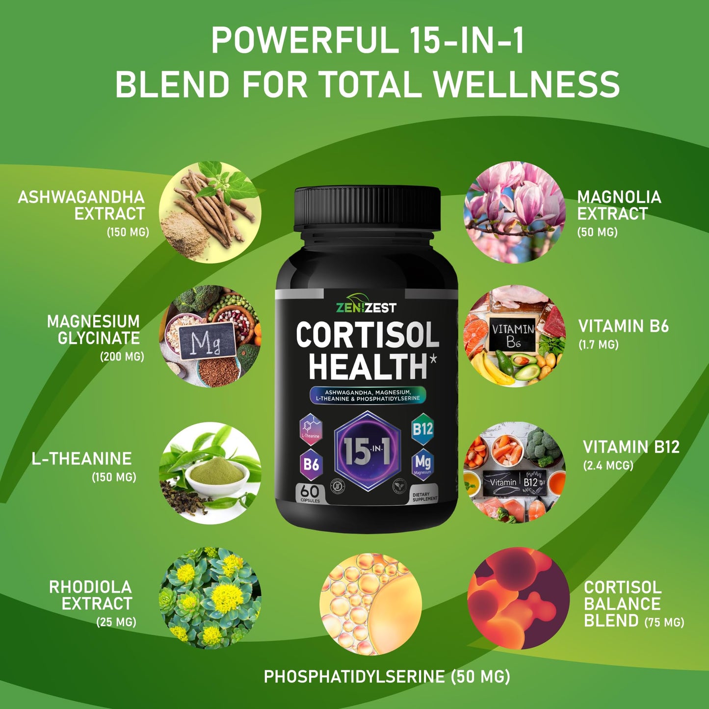 ZeniZest Cortisol Detox Supplement Capsules 60 Count