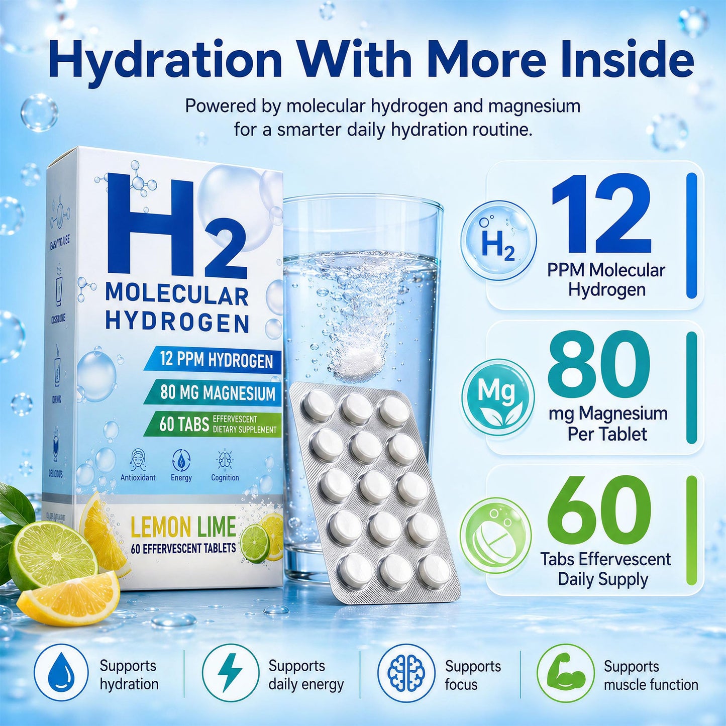 Crobirware Molecular Hydrogen Water Tablets 12 PPM H2 Supplement with Magnesium, Lemon Lime Flavour, Fast-Dissolving for Water, Hydration, Energy & Recovery Support, 60 Tablets