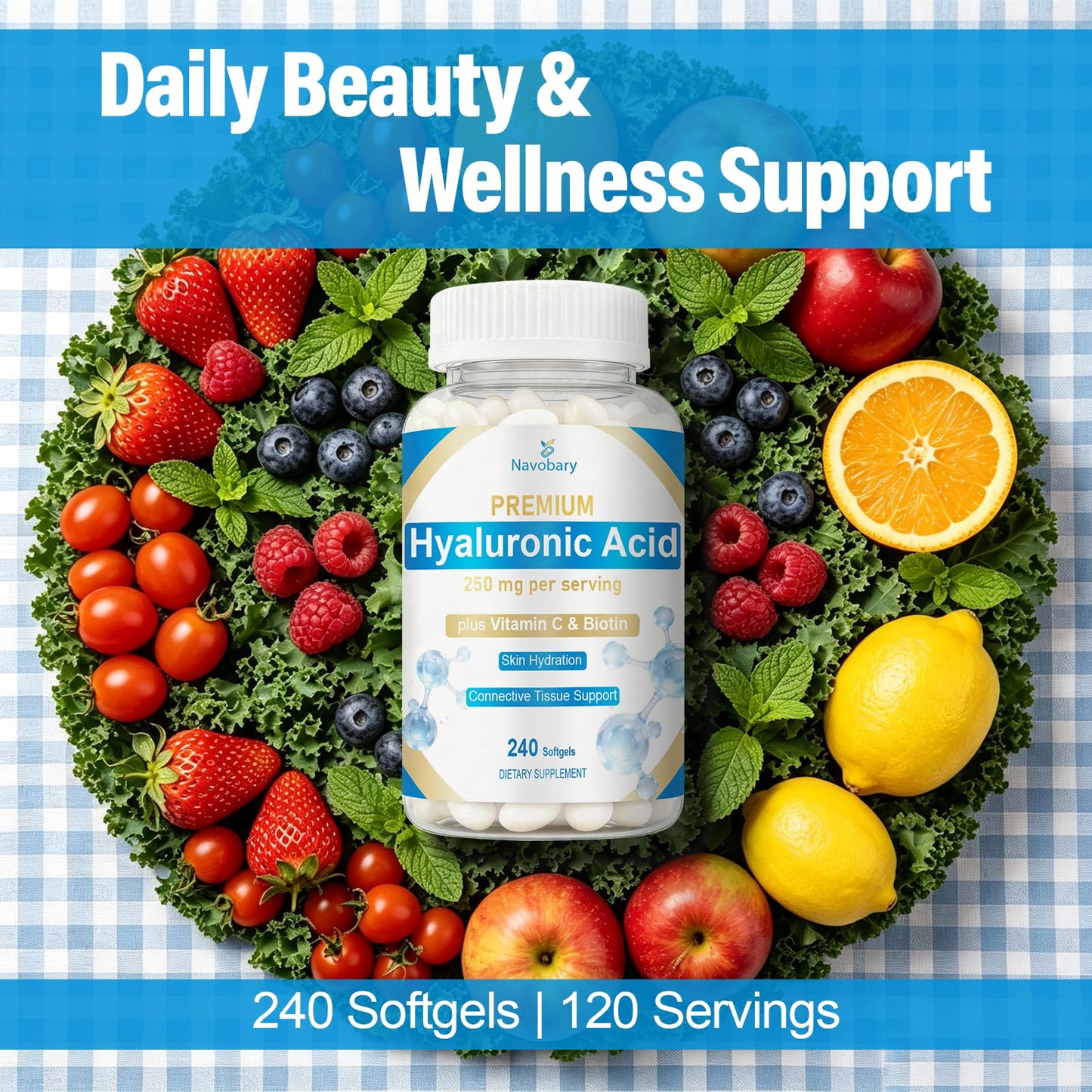 Navobary Hyaluronic Acid 250mg with Biotin 5000mcg & Vitamin C 25mg Softgels, 1 Count
