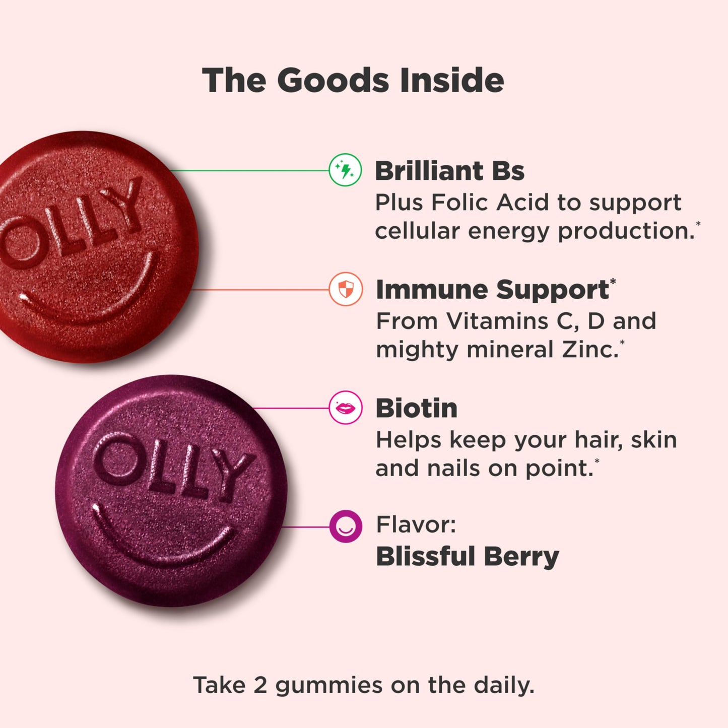 OLLY Women's Multivitamin Gummy, Women's Overall Wellness,* Vitamins A, C, D, E, Biotin, Folic Acid, Adult Chewable Supplement, Berry Flavored, 65 Day Supply - 130 Count