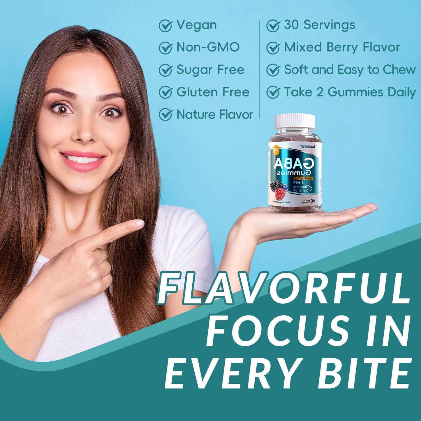 ESSENJOYY Liposomal GABA Gummies 500mg with 5-HTP, L-Theanine & Vitamin B6 Sugar Free, 120 Gummies