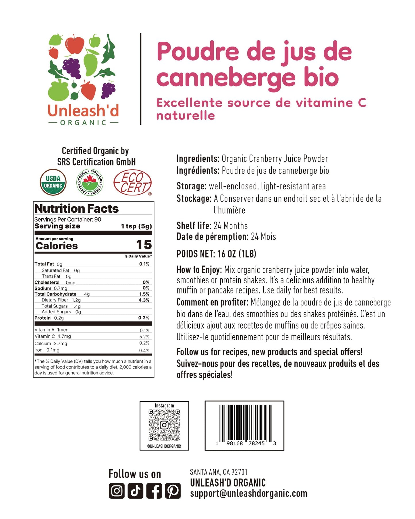 UNLEASH'D ORGANIC Cranberry Juice Powder 16 oz