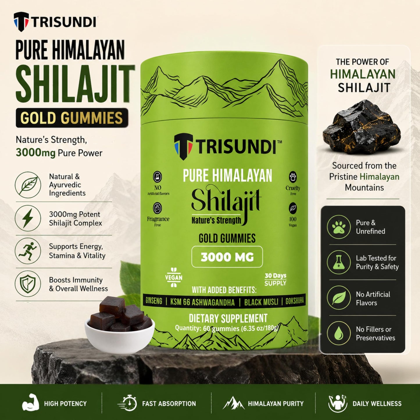 Trisundi Himalayan Shilajit Gold Gummies 3000mg, 60 Count