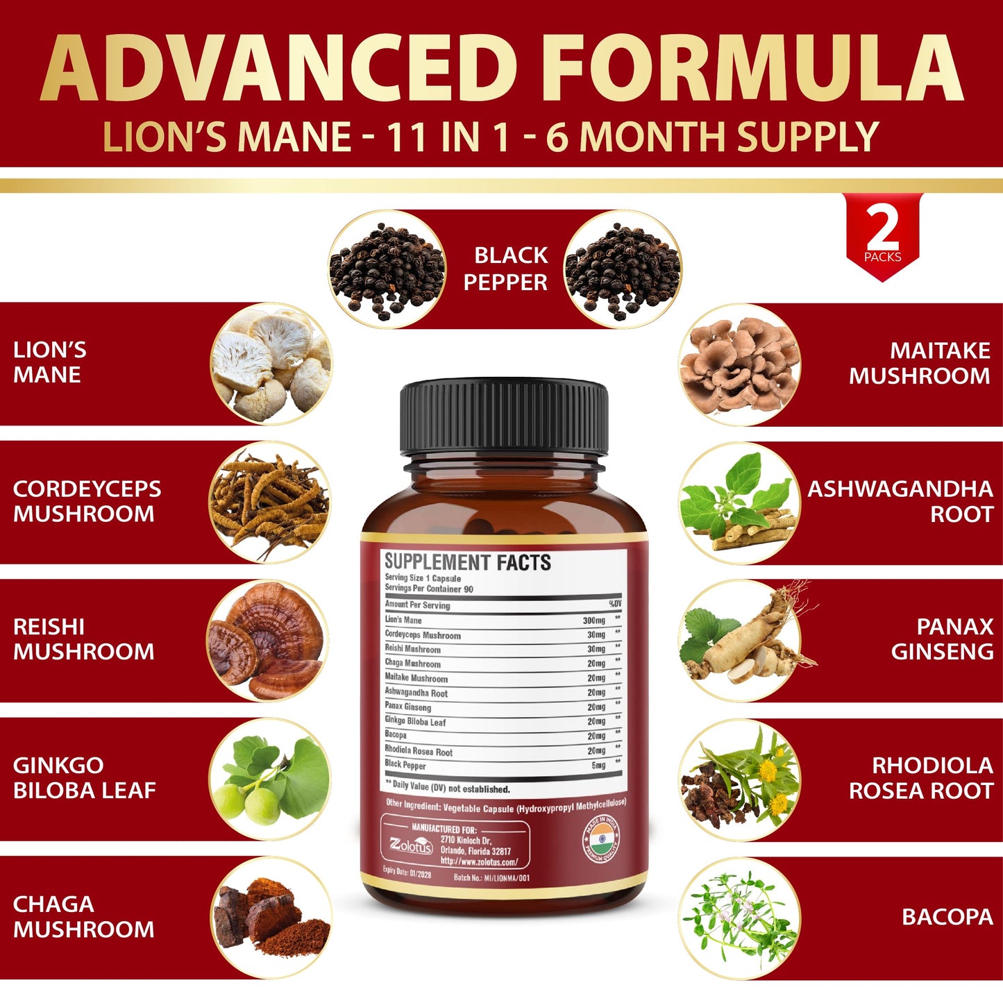 Zolotus Lions Mane Mushroom Supplement with Cordyceps, Reishi, Ashwagandha, Brain and Focus Support, Immune Support, 180 Capsules
