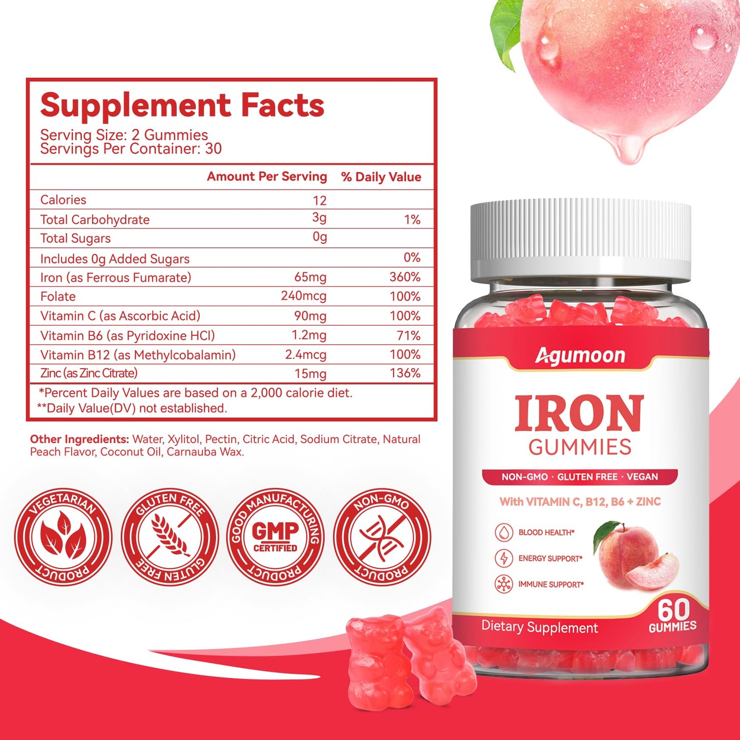 Agumoon Iron Supplement Gummies 60 Gummies