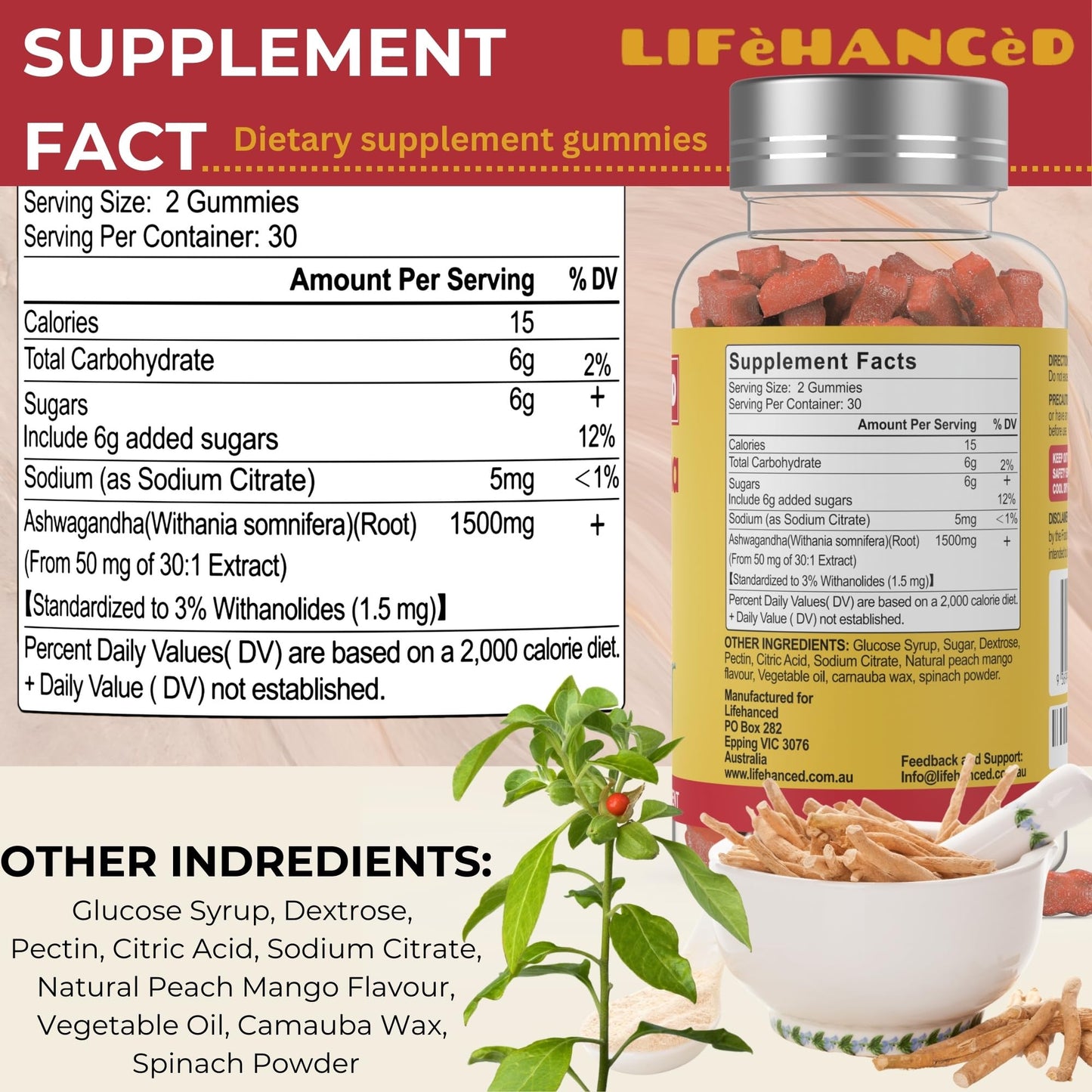 Lifehanced Ashwagandha Gummies 1500mg, 3% Withanolides, Peach Mango Flavor, 60 Count