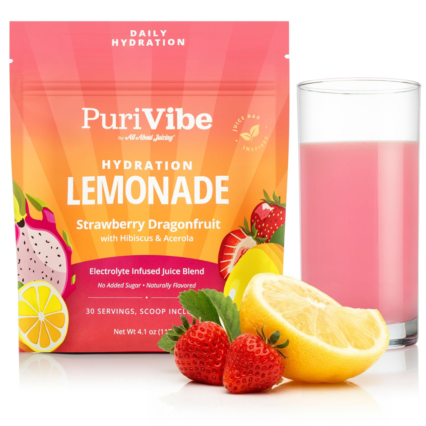 All About Juicing PuriVibe Hydration Lemonade Electrolyte Strawberry Dragonfruit Powder 4.1 oz