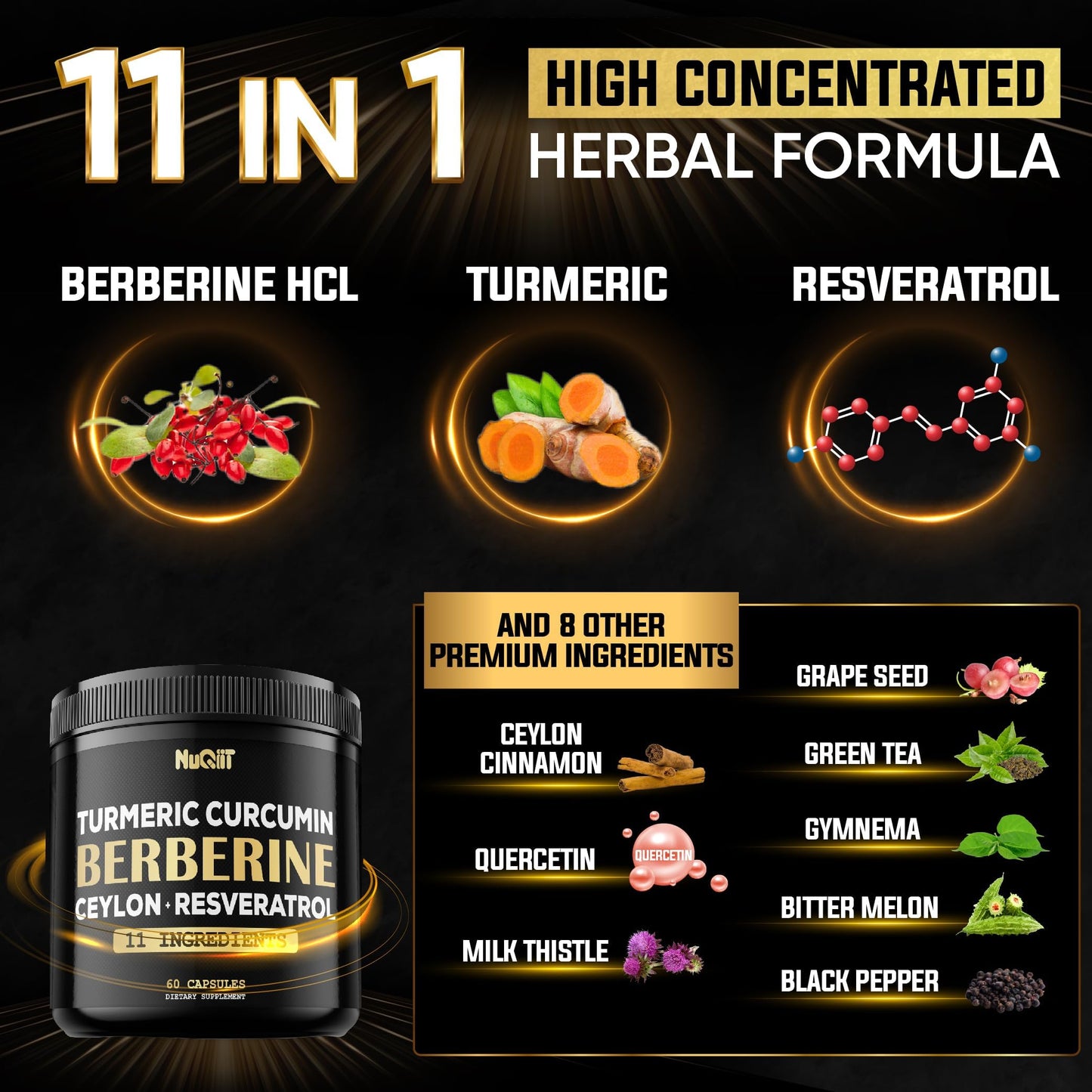 NUQIIT Berberine Supplement with Turmeric Curcumin & Trans-Resveratrol, 60 Capsules