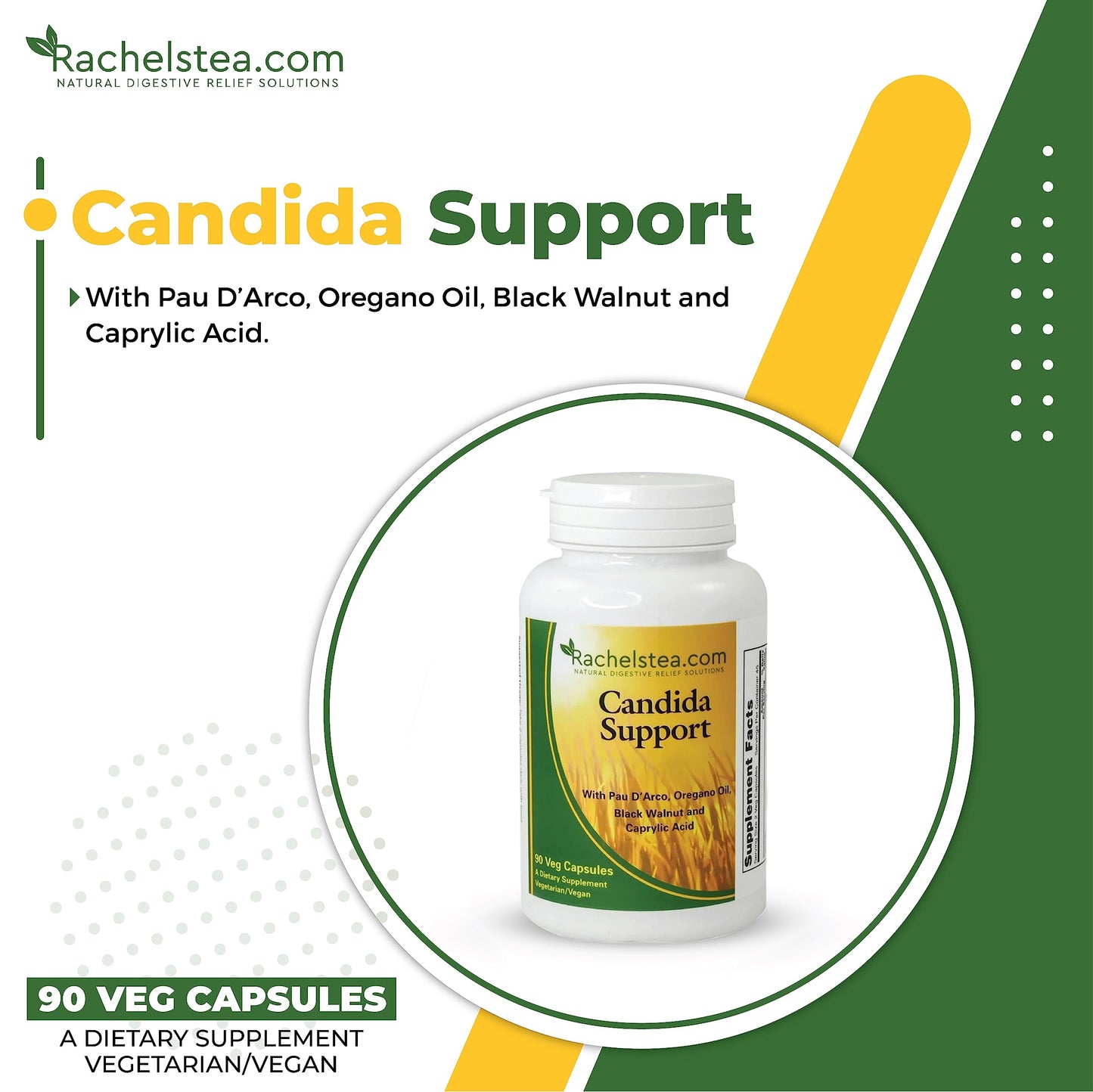 Rachelstea Candida Support, Intestinal Flora with PAU D'Arco, Oregano Oil, Black Walnut, and Caprylic Acid, 90 Veg Capsules