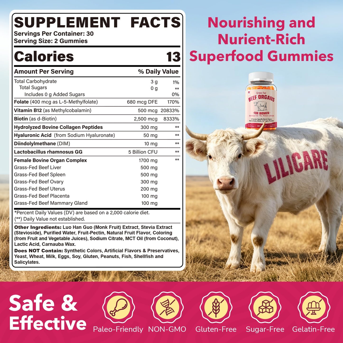 LILICARE Beef Organ Supplement for Women Gummies 120