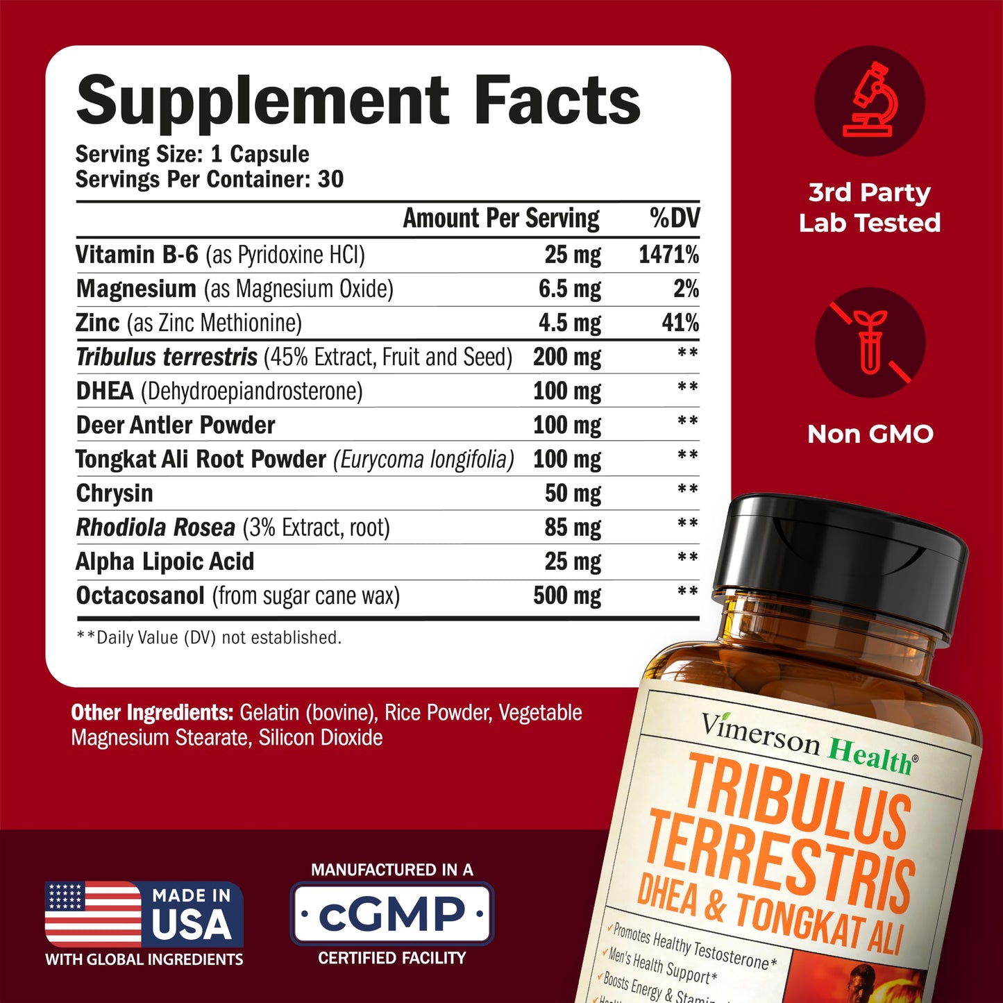 Vimerson Health Testosterone Supplement & Tribulus Terrestris For Men With DHEA 100mg, Magnesium, Zinc, Tongkat Ali & Rhodiola Rosea – Muscle Builder, Libido Support & B6 Vitamins for Men – 30 Capsules