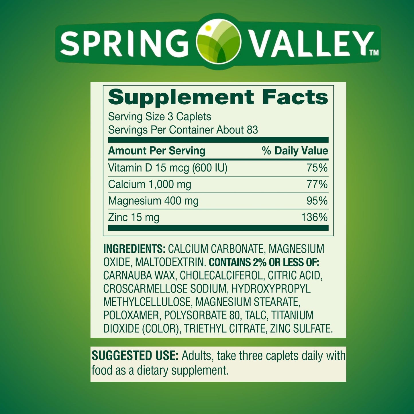 Generic Calcium, Magnesium, Zinc Plus Vitamin D3 Dietary Supplement Tablet, 250 Count