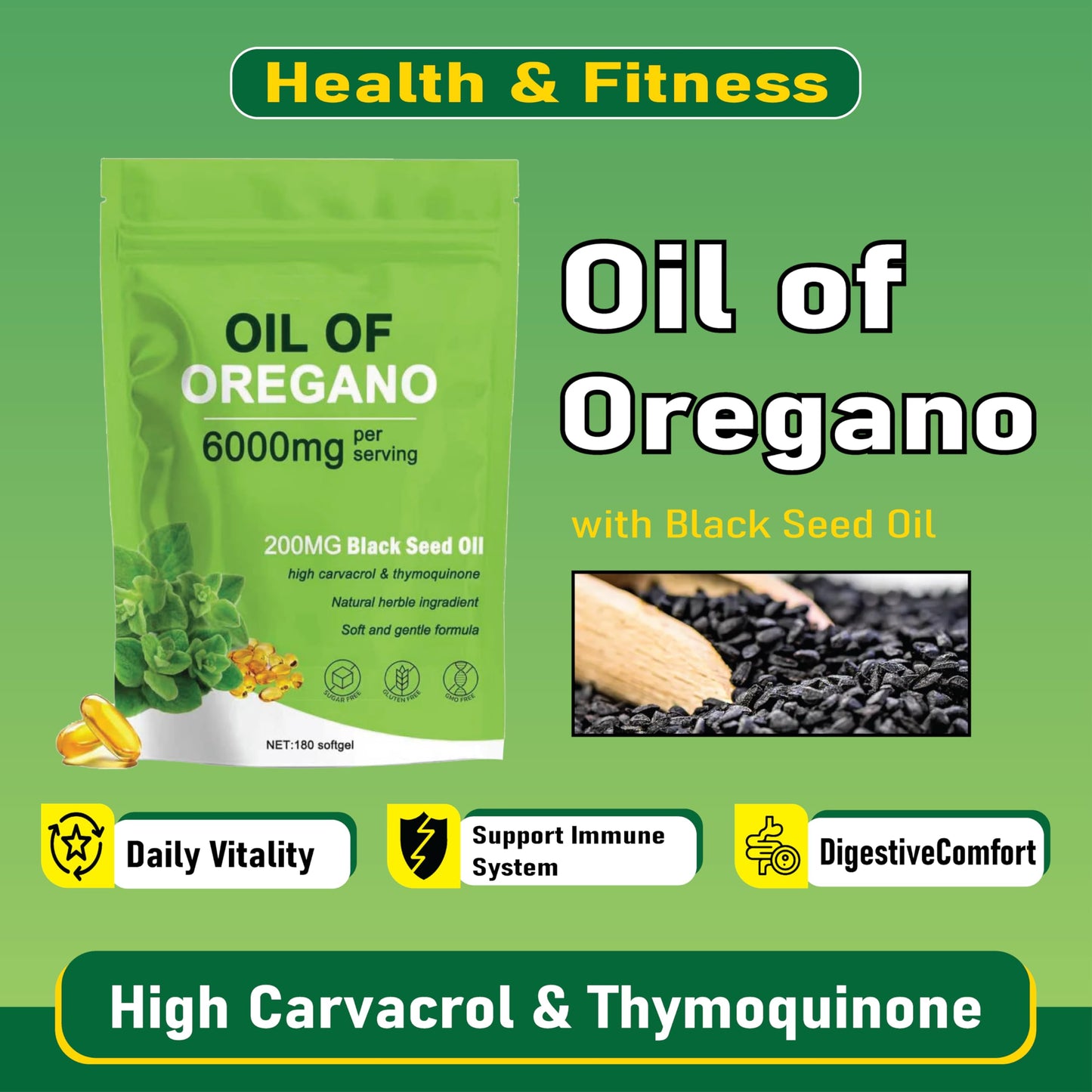PRIMALHERBS Oil of Oregano with Black Seed Oil 2-in-1 Oregano Oil Softgels, 6000mg, 180 Count