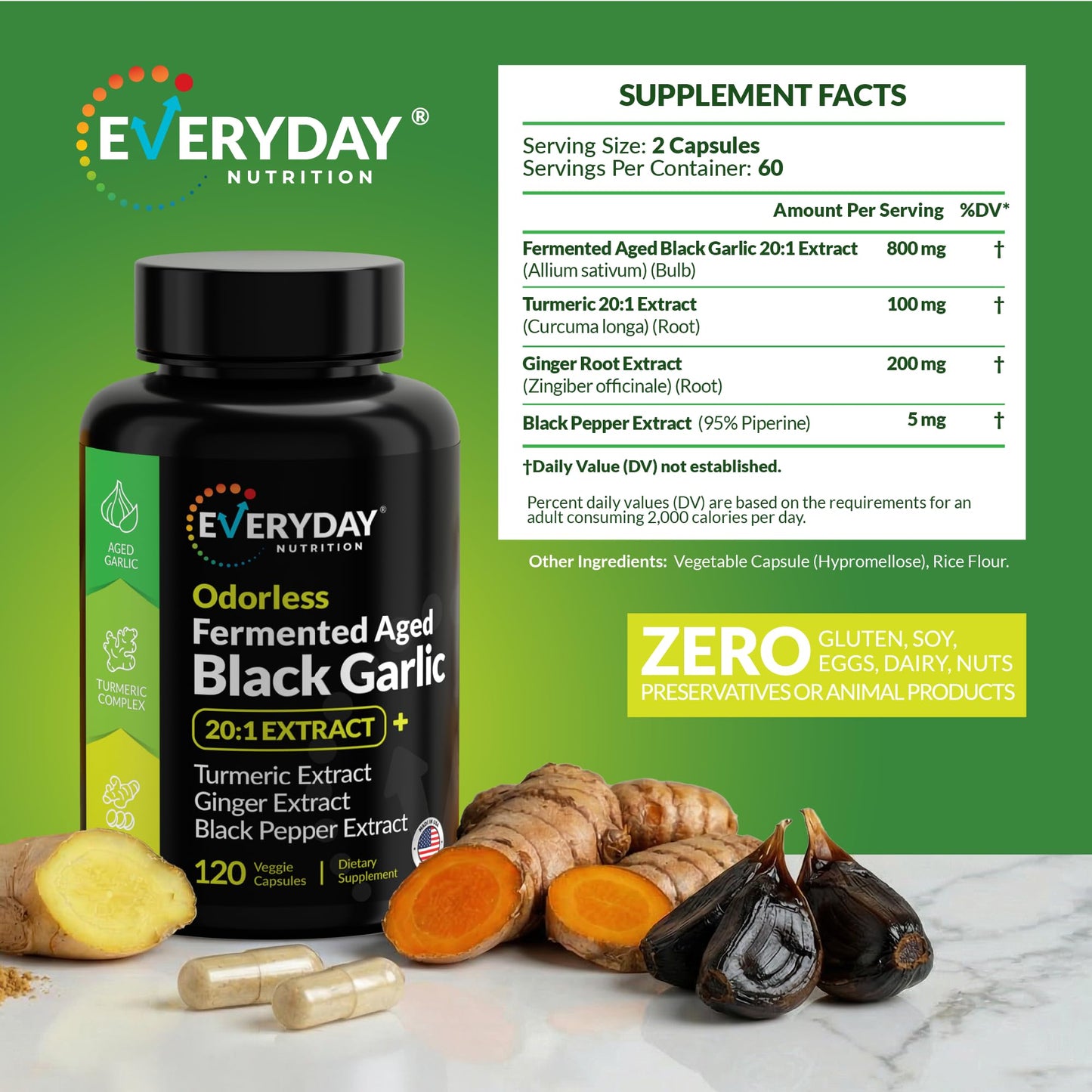 EVERYDAY NUTRITION Odorless Fermented Aged Black Garlic Extract with Turmeric Complex, Ginger, Black Pepper Extract 90 Capsules